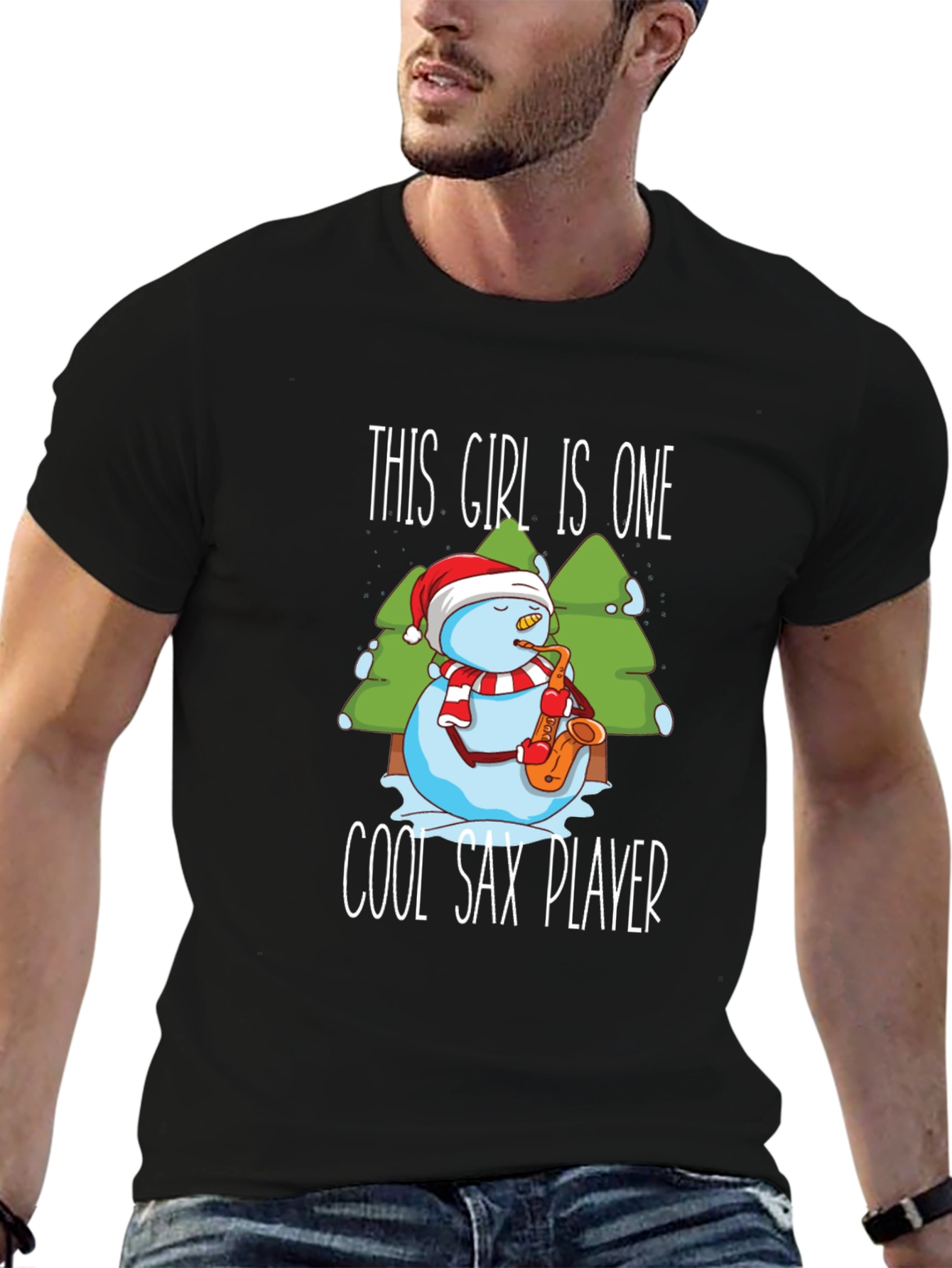 Black Cool Sax Player Snowman Graphic T-Shirt view 6