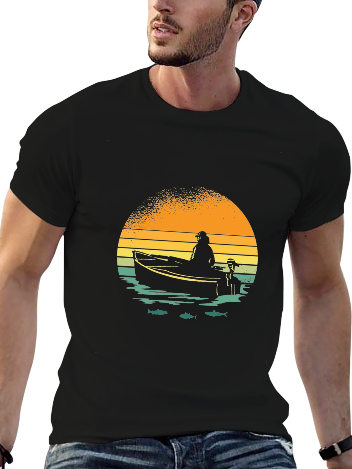 Black Fishing Boat Graphic Tee - Retro Sunset Design view 6