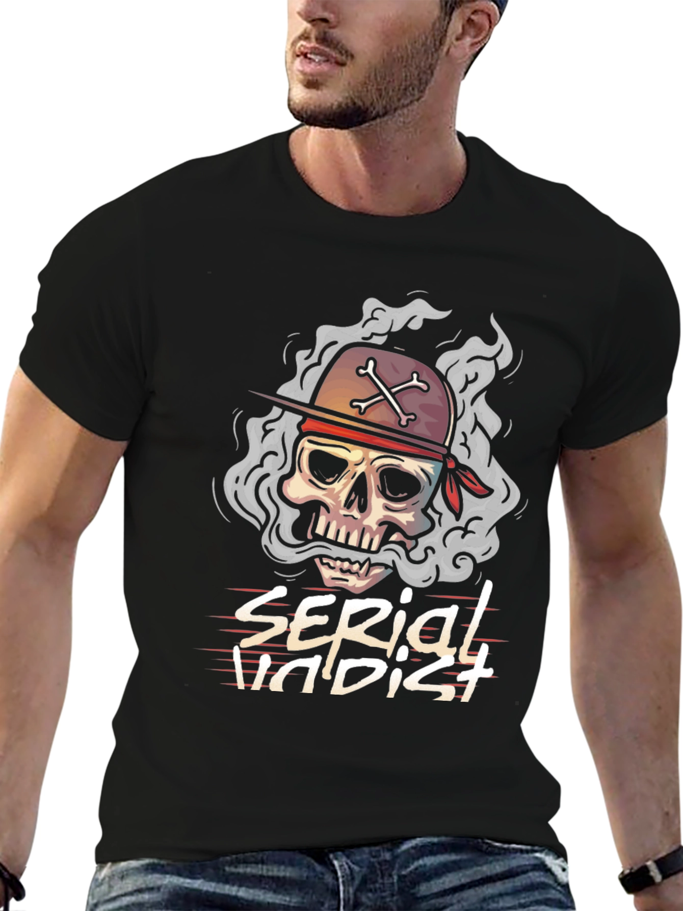 Black Serial Undist T-Shirt: Skull & Crossbones Design view 6