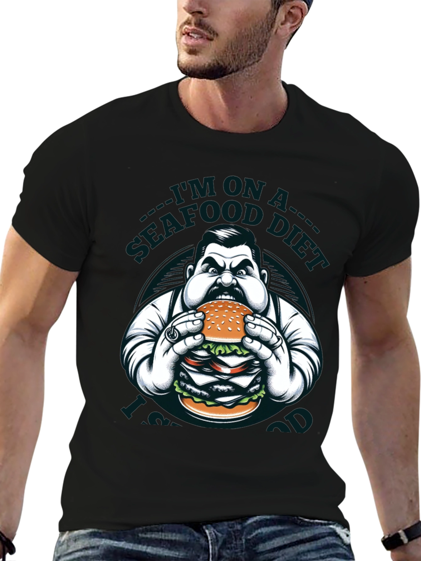 Black Seafood Diet Funny Graphic Tee view 6