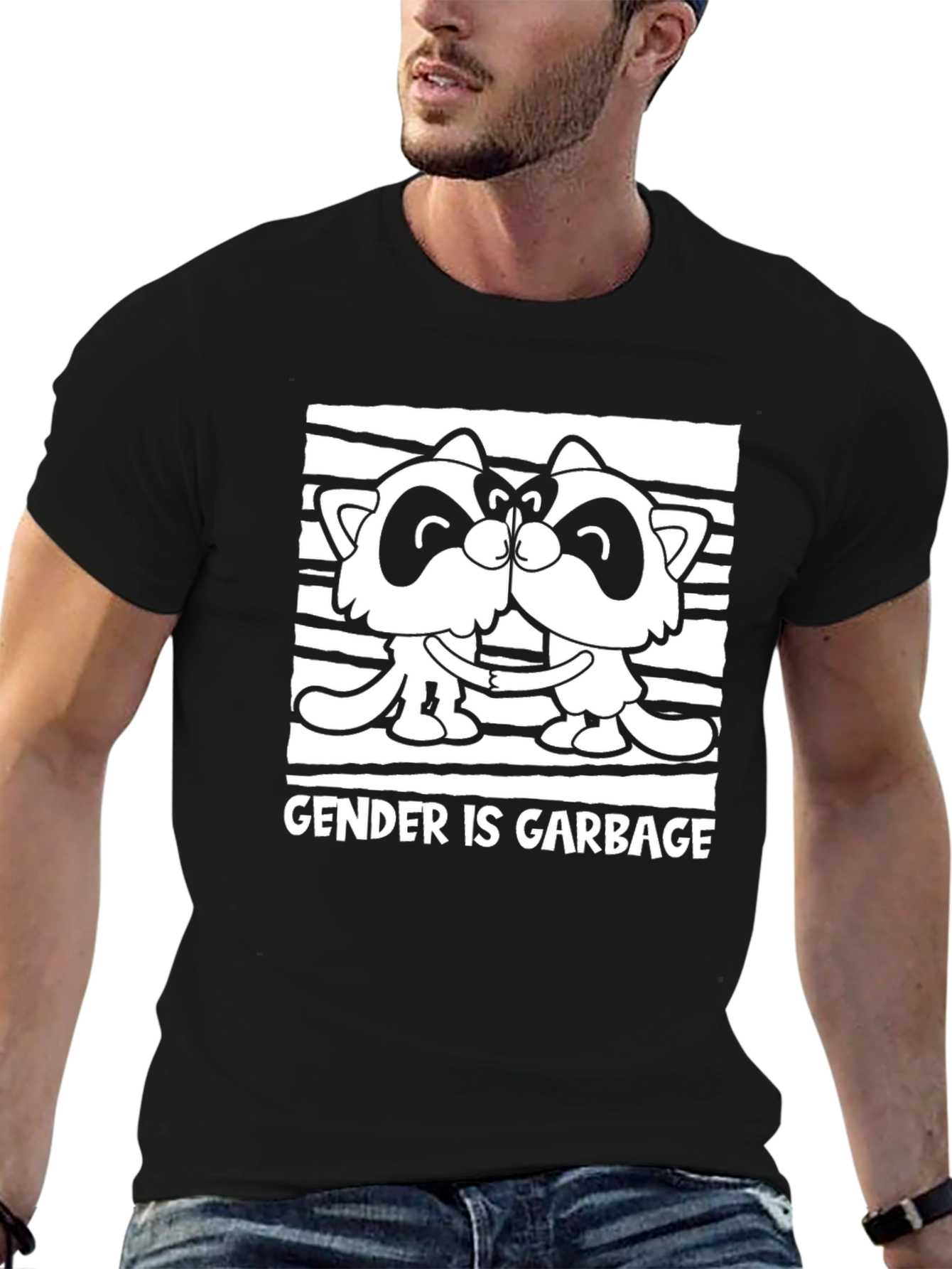 Black Gender is Garbage Raccoon Kissing Graphic Tee view 6