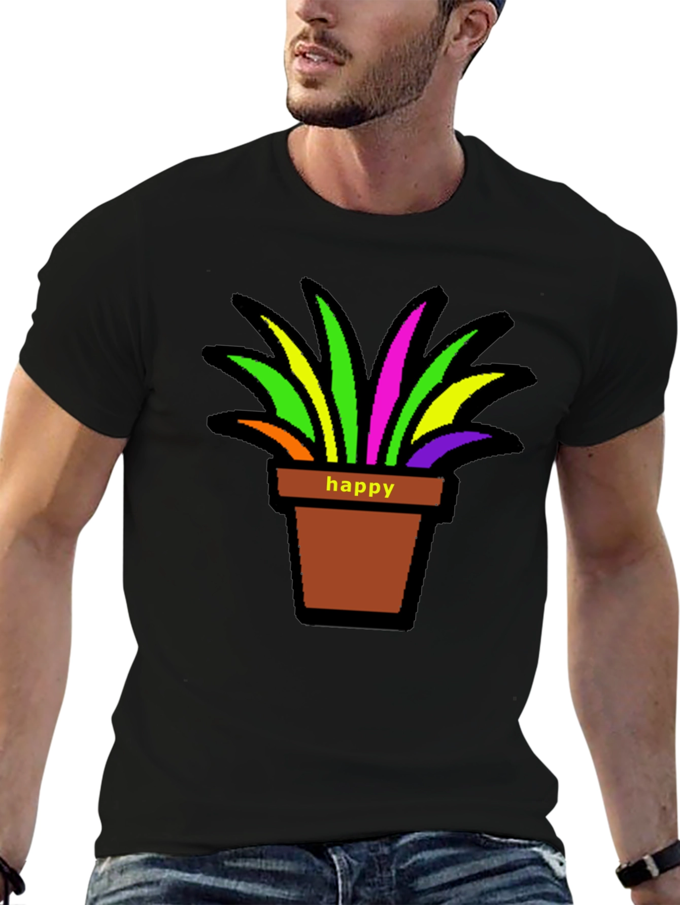 Black Happy Potted Plant Graphic T-Shirt view 6