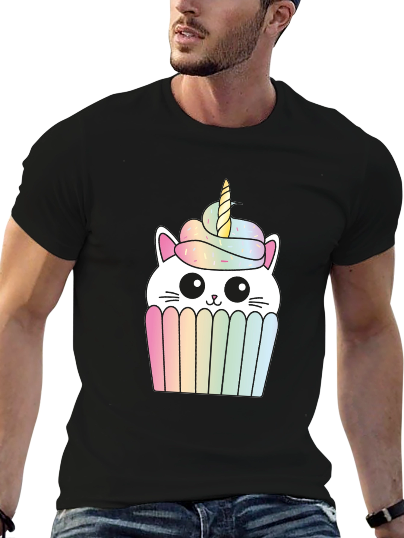 Black Unicorn Cat Cupcake Graphic Tee - Black Cotton T-Shirt view 6