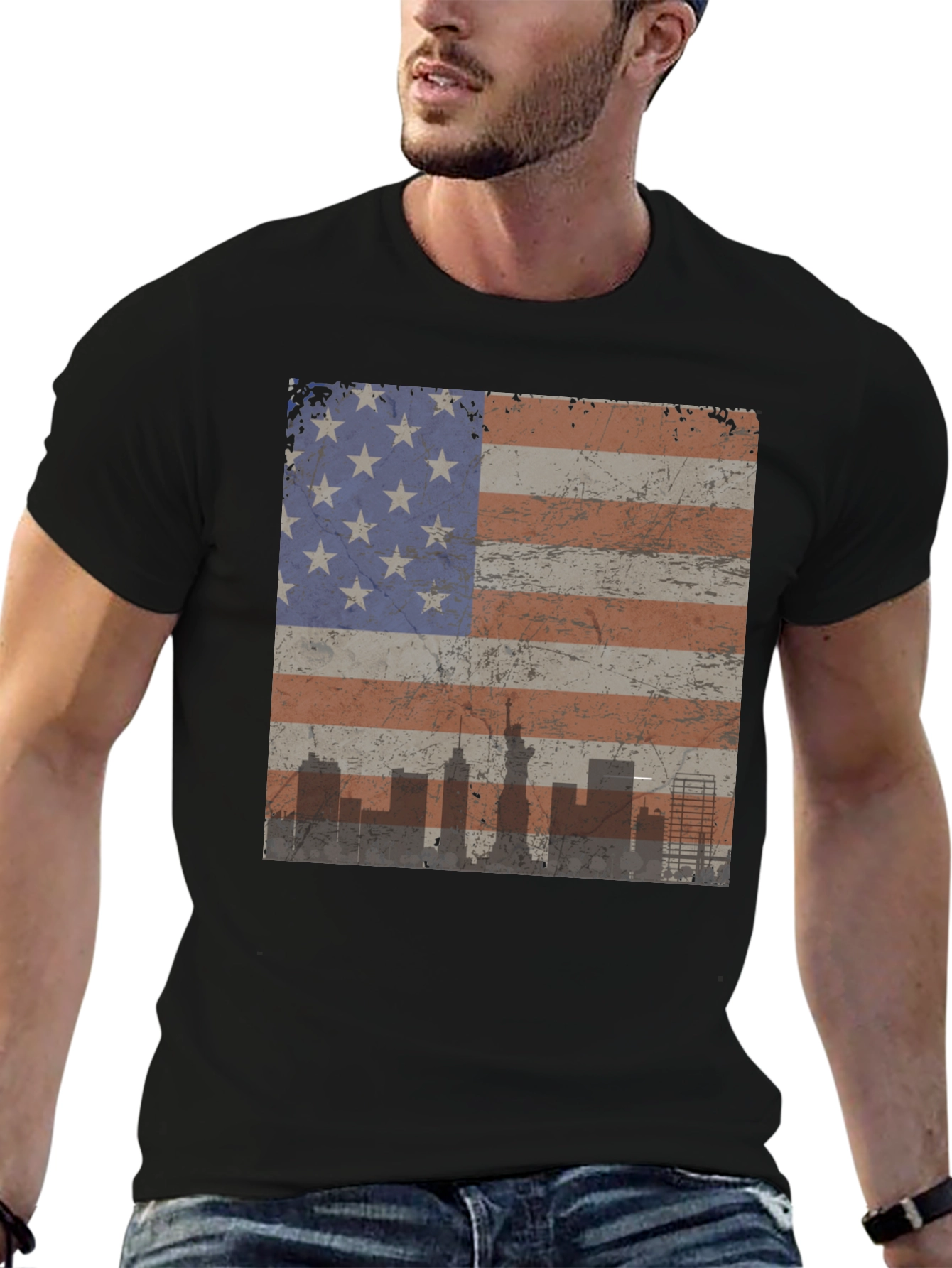 Black American Flag Skyline Graphic Tee - Patriotic Style view 6