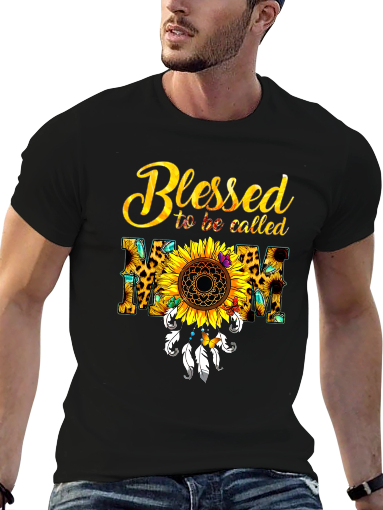 Black Blessed Mom Sunflower T-Shirt view 6