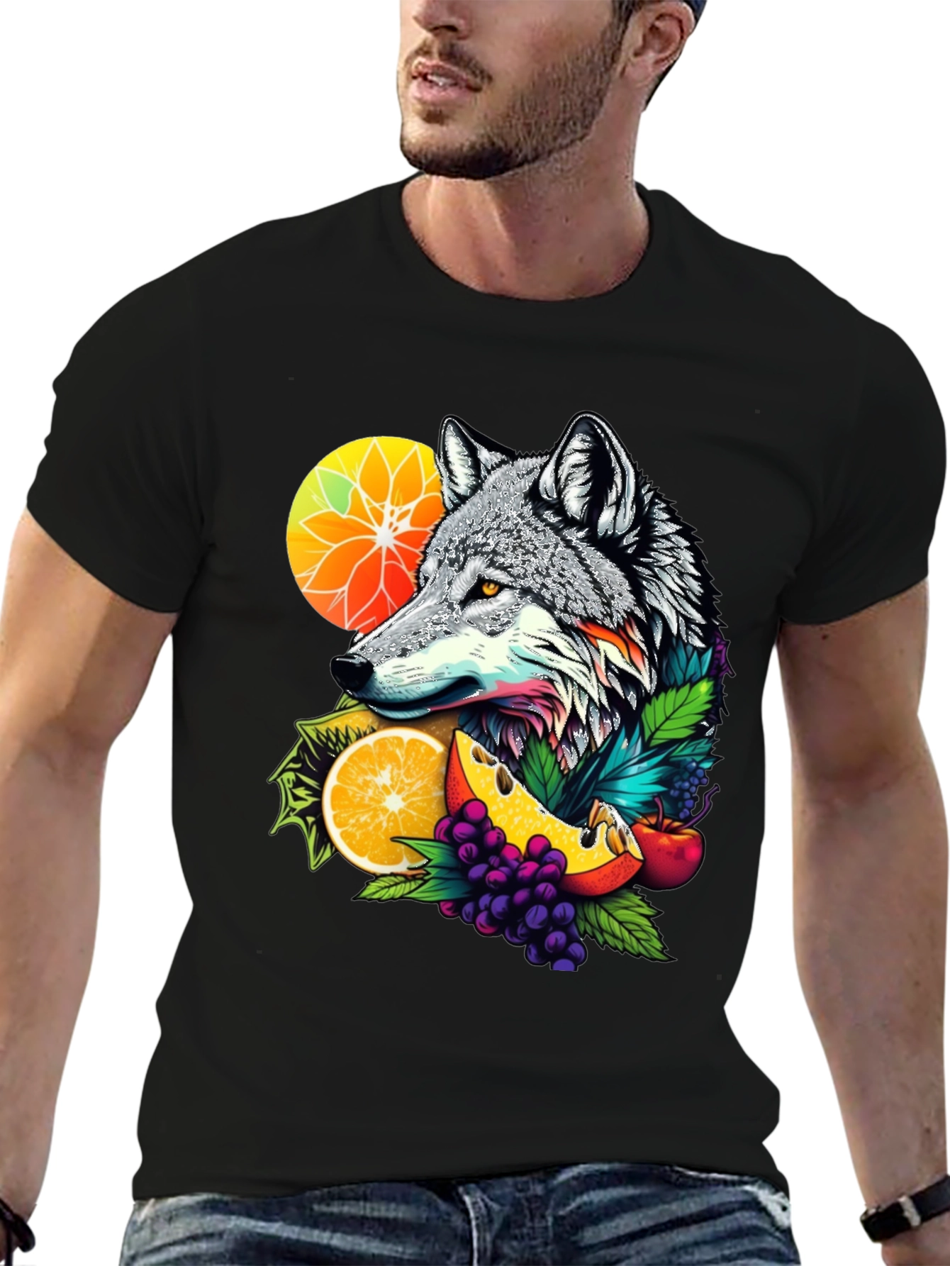 Black Wolf & Fruit Graphic Tee - Unique Design view 6