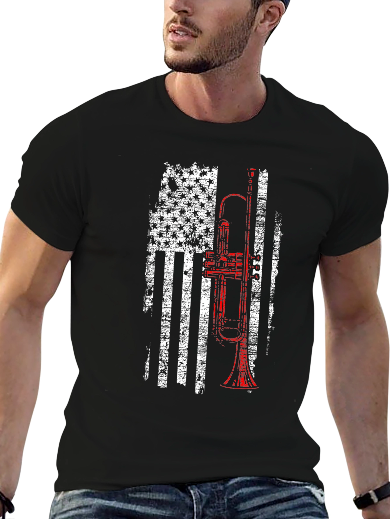 Black Trumpet American Flag Patriotic T-Shirt view 6