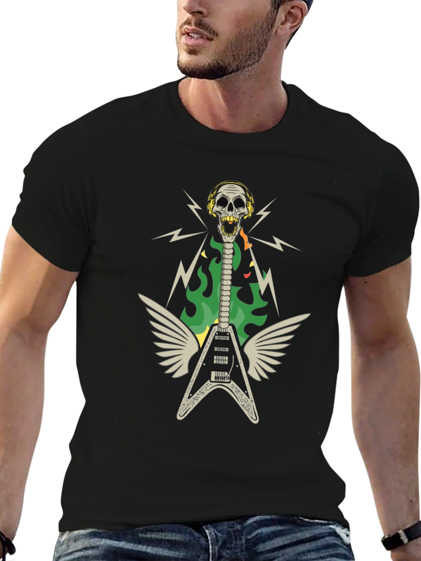 Black Skull Guitar Wings Rock Band T-Shirt view 6