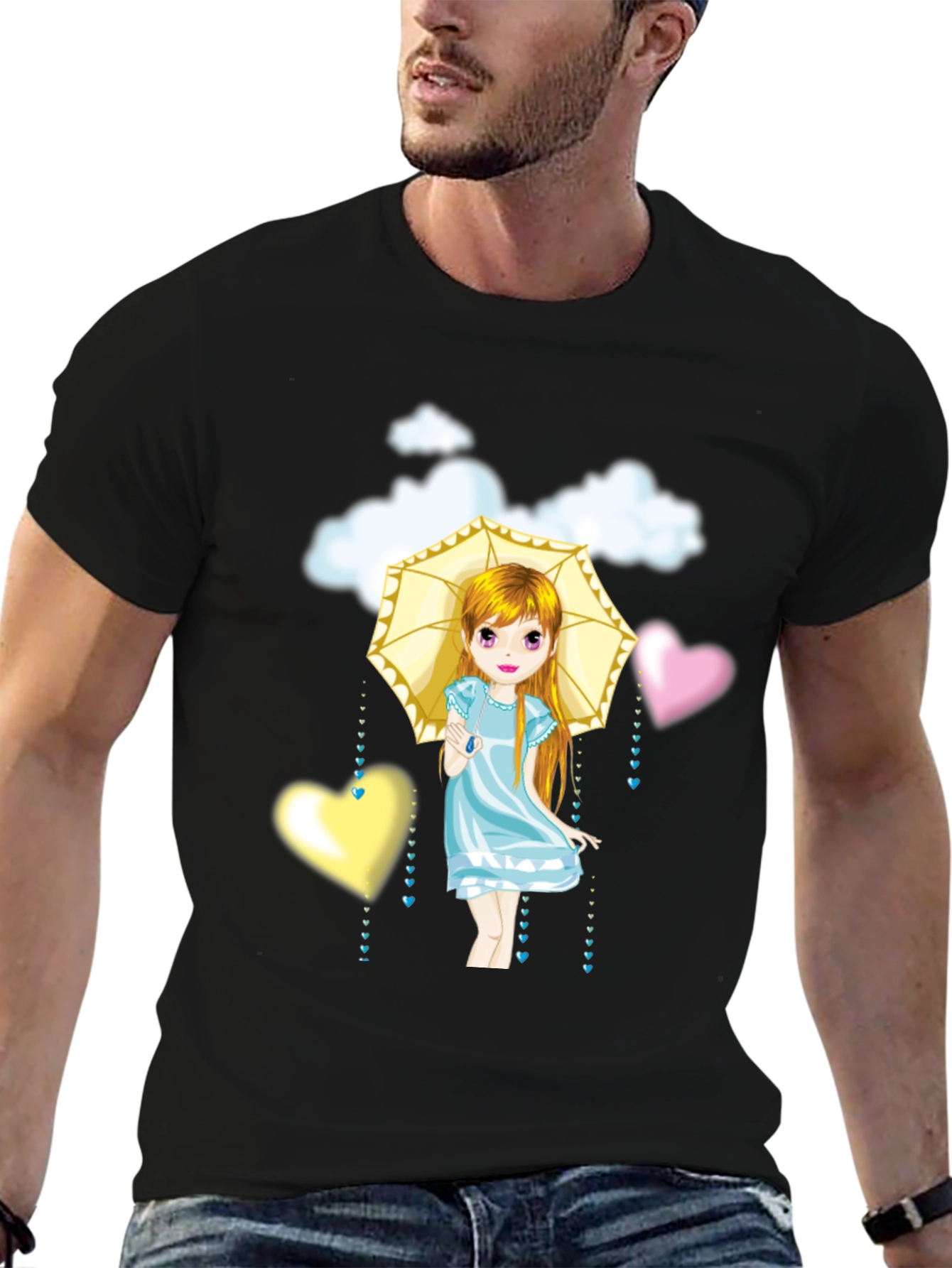 Black Cute Girl Umbrella Heart Cloud Black T-Shirt view 6