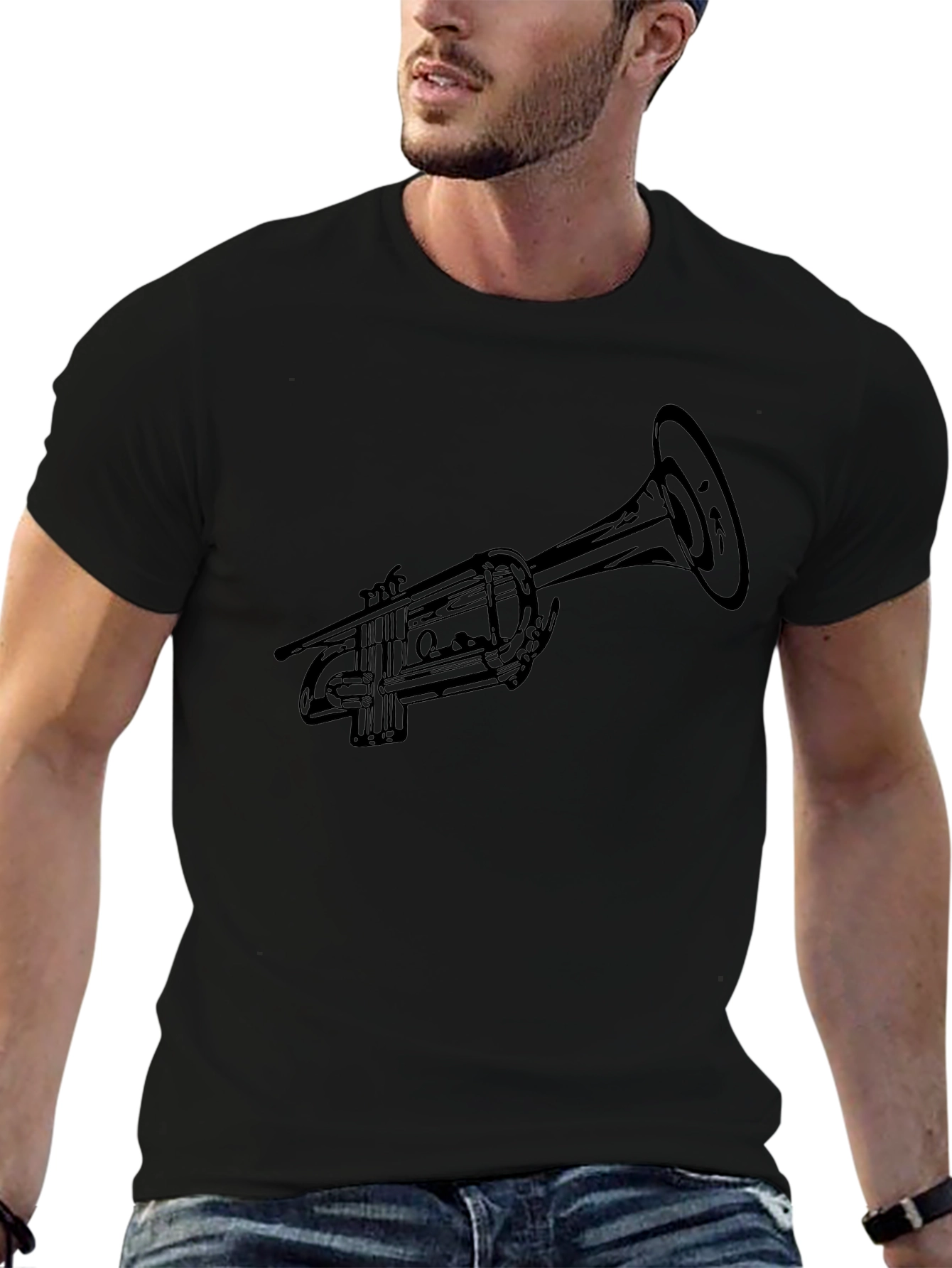 Black Trumpet Graphic Tee - Classic Musical Instrument Design view 6