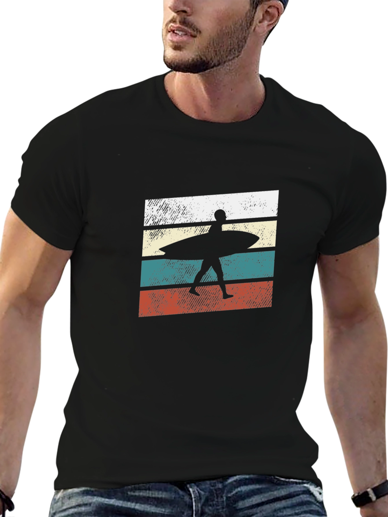 Black Retro Surfer Graphic Tee - Black Cotton T-Shirt view 6