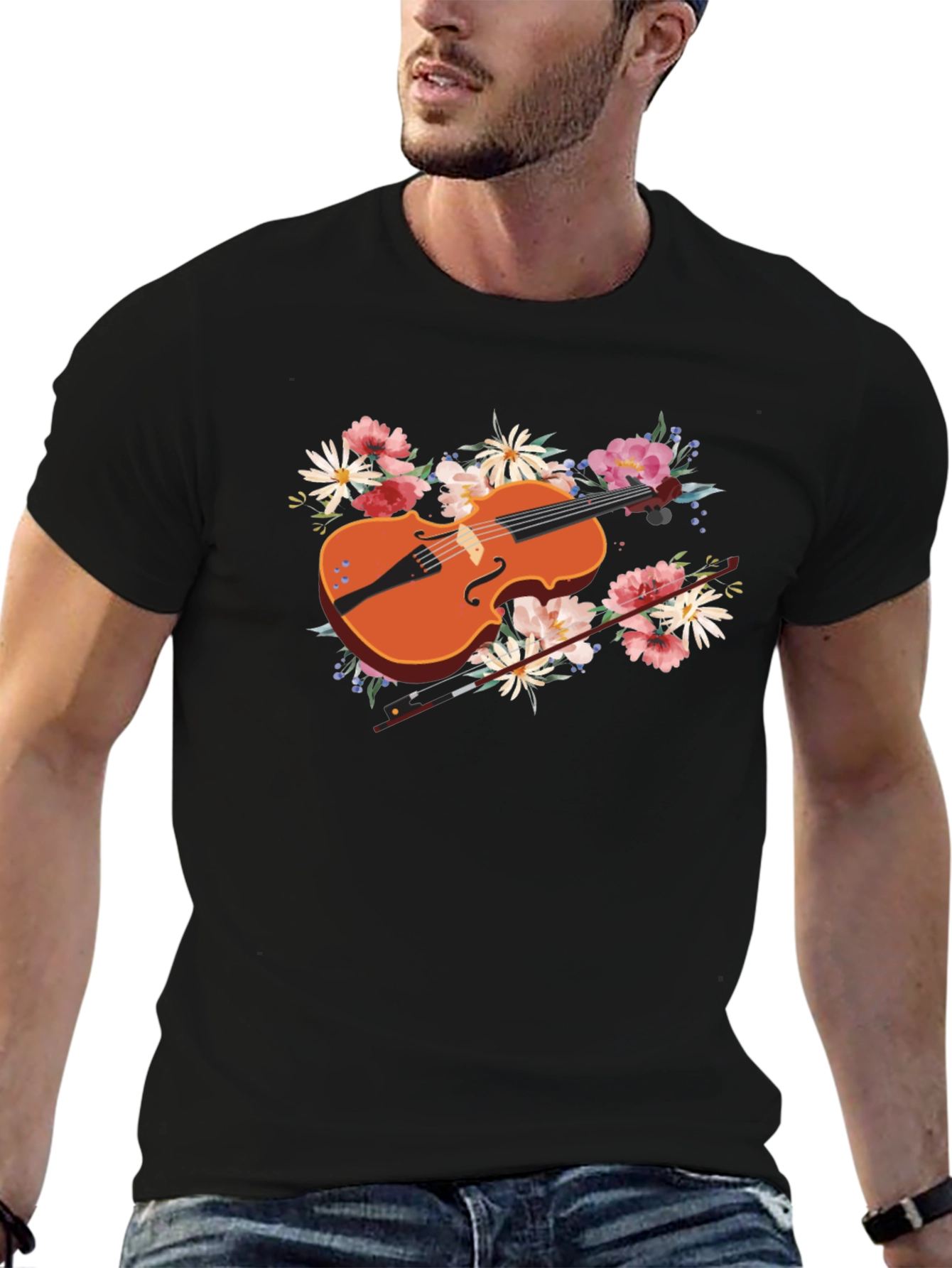 Black Floral Violin Graphic Tee - Stylish Music Lover's Shirt view 6