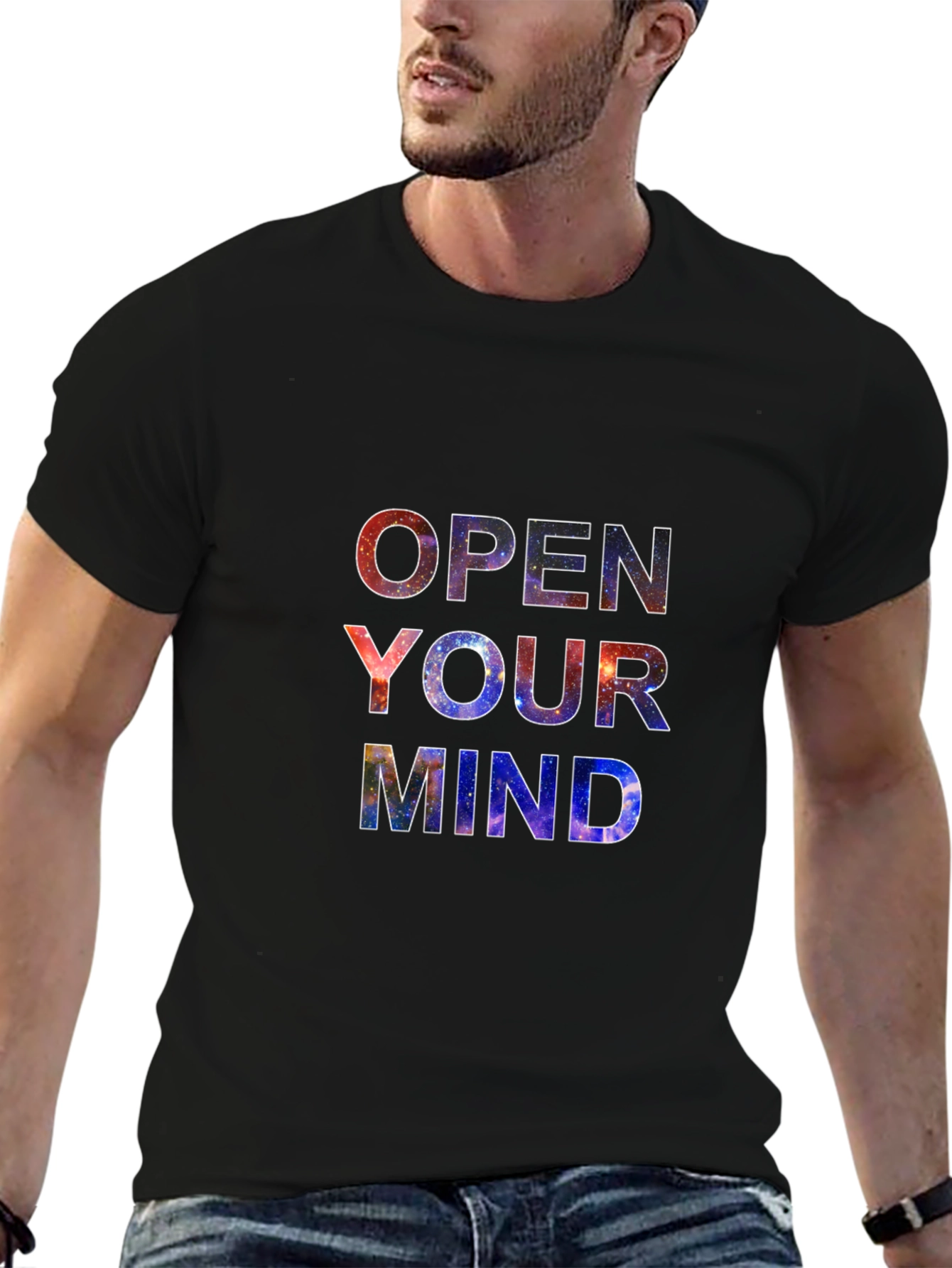 Black Open Your Mind Galaxy Print Black T-Shirt view 6