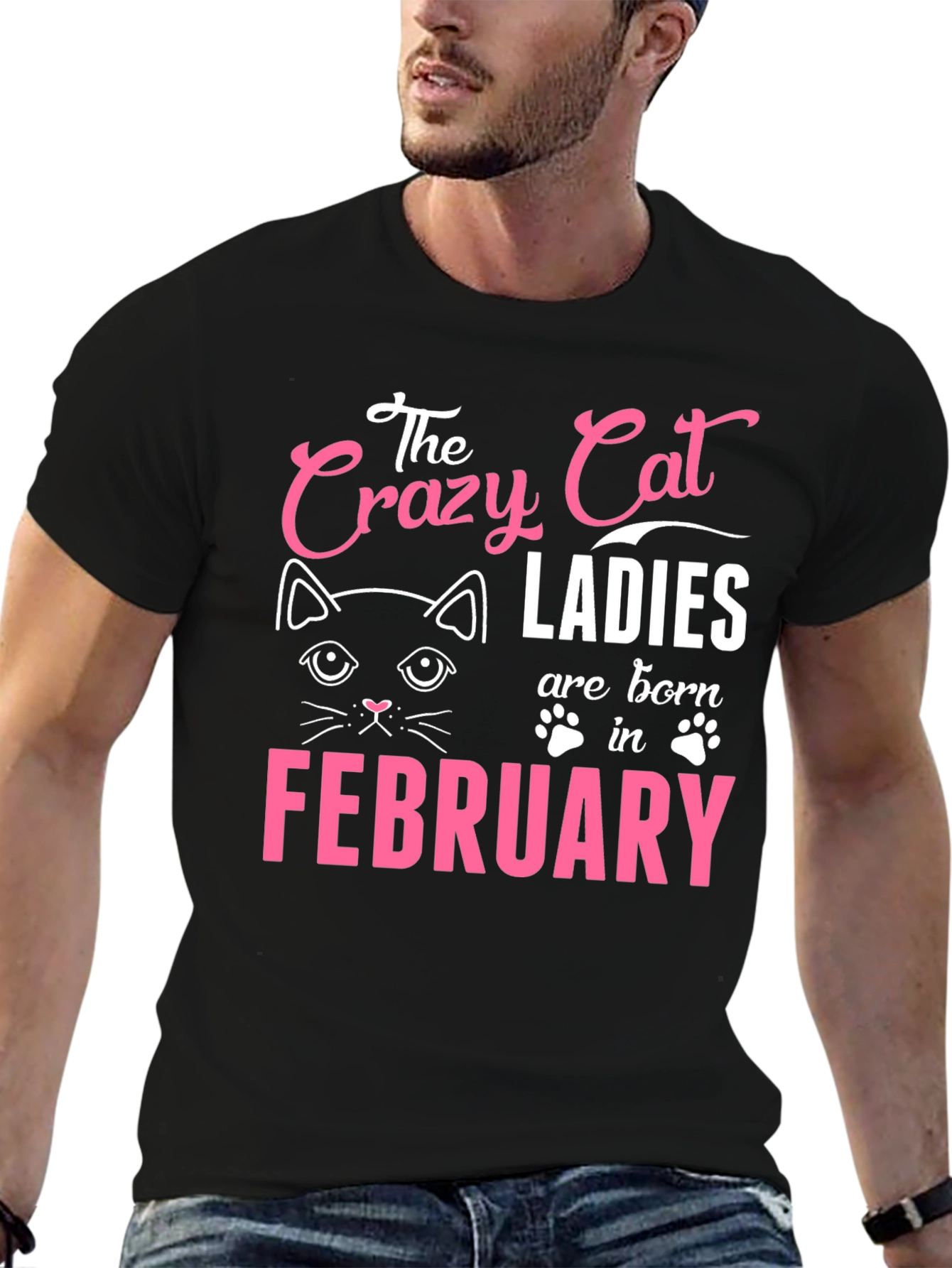 Black Crazy Cat Ladies Born in February T-Shirt view 6