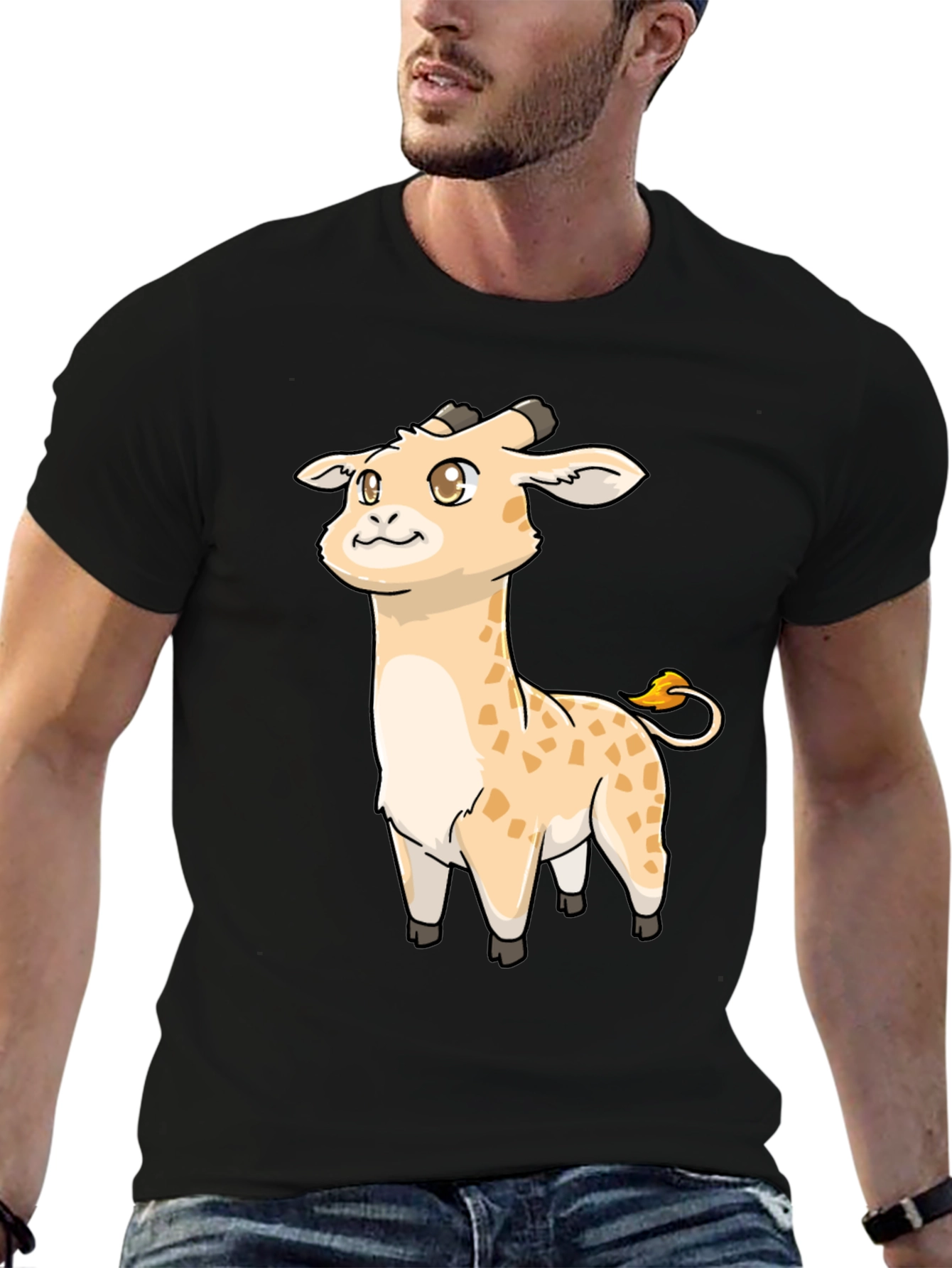 Black Cute Giraffe Cartoon Black T-Shirt view 6