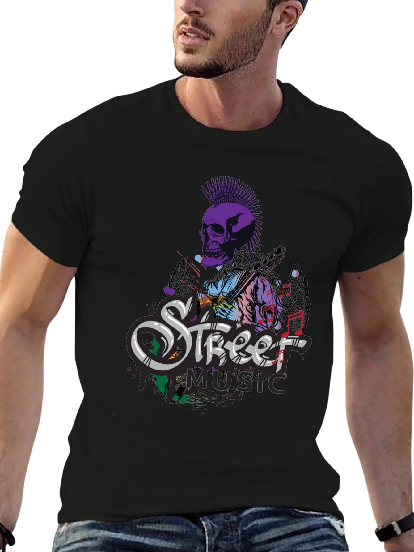Black Street Music Skull Graphic Tee - Black Cotton T-Shirt view 6