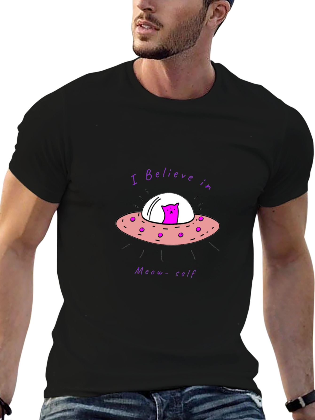 Black Believe in Meow-self Black T-Shirt - Cat Alien UFO view 6