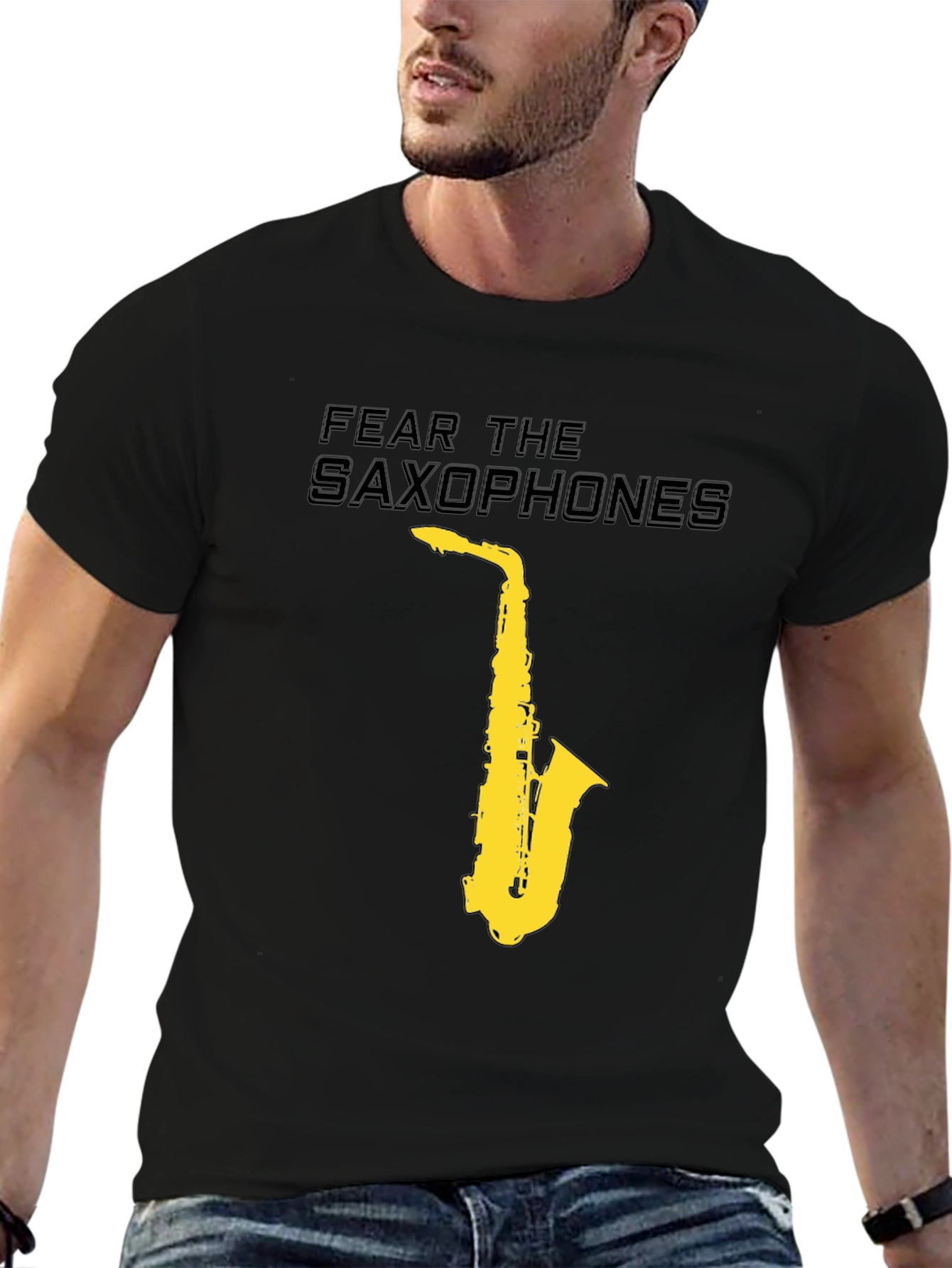 Black Fear the Saxophones Graphic Black T-Shirt view 6