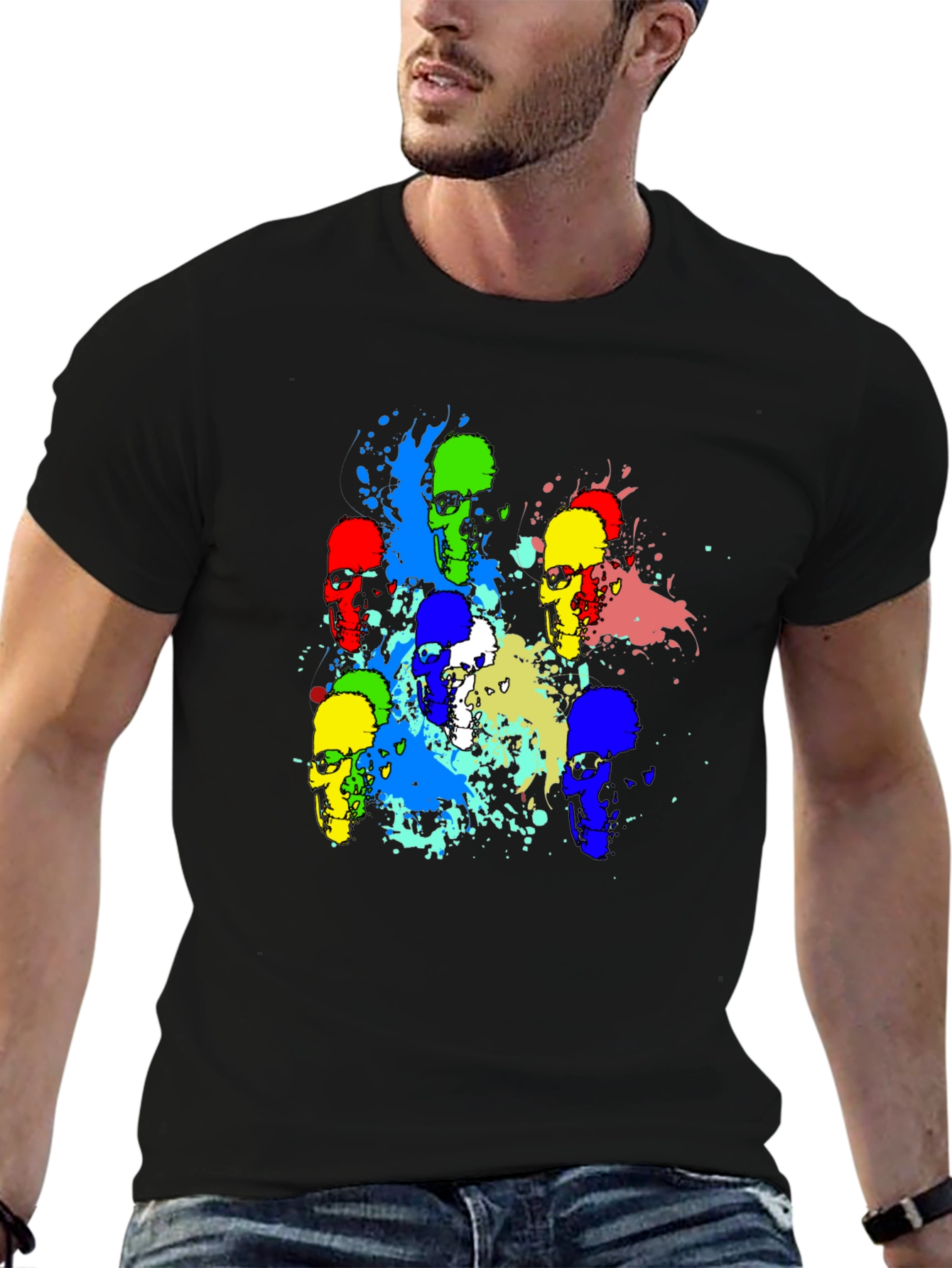 Black Colorful Skull Graphic Print T-Shirt view 6