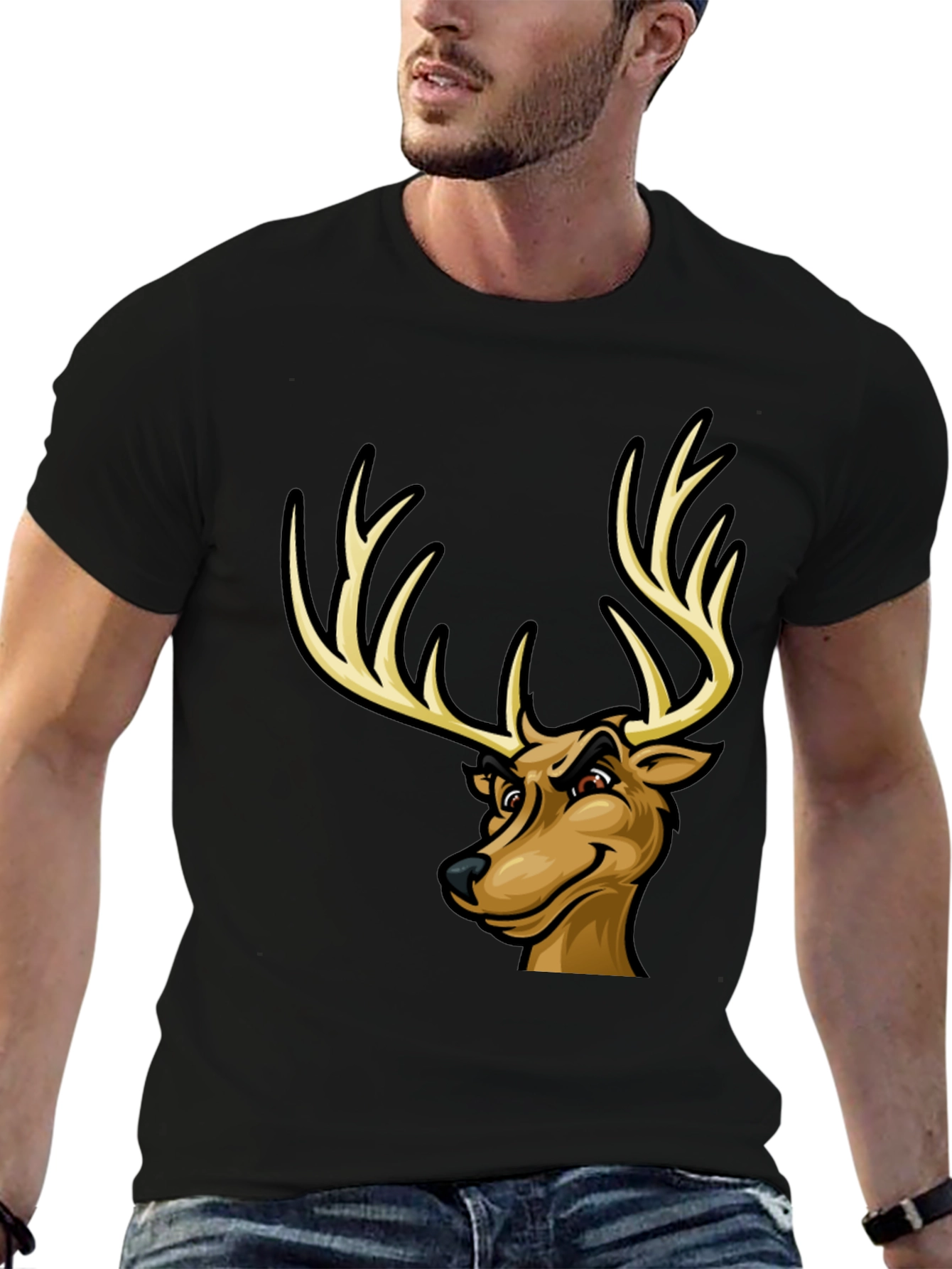 Black Men's Black T-Shirt with Cartoon Deer Graphic view 6