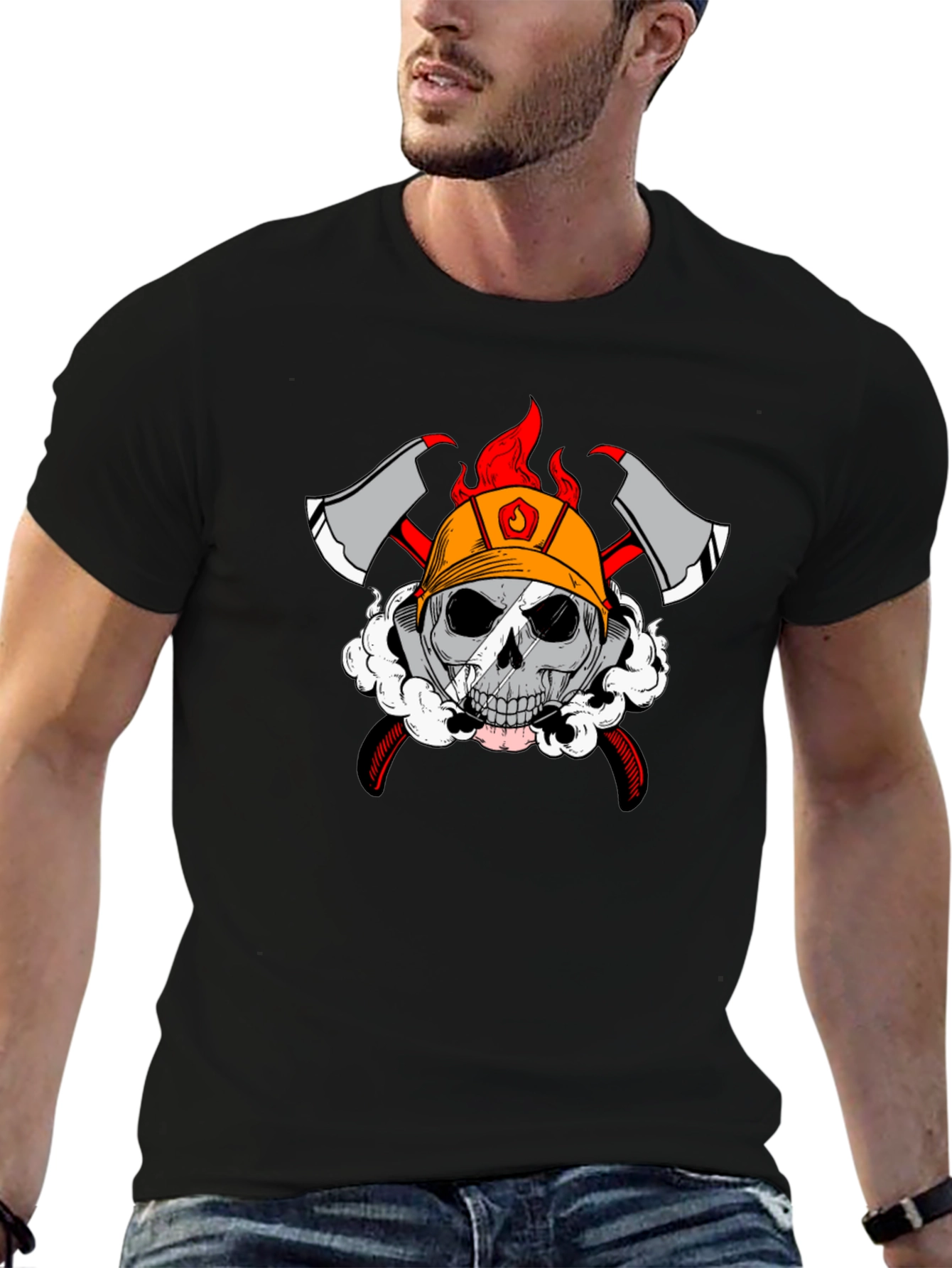 Black Firefighter Skull Graphic T-Shirt view 6