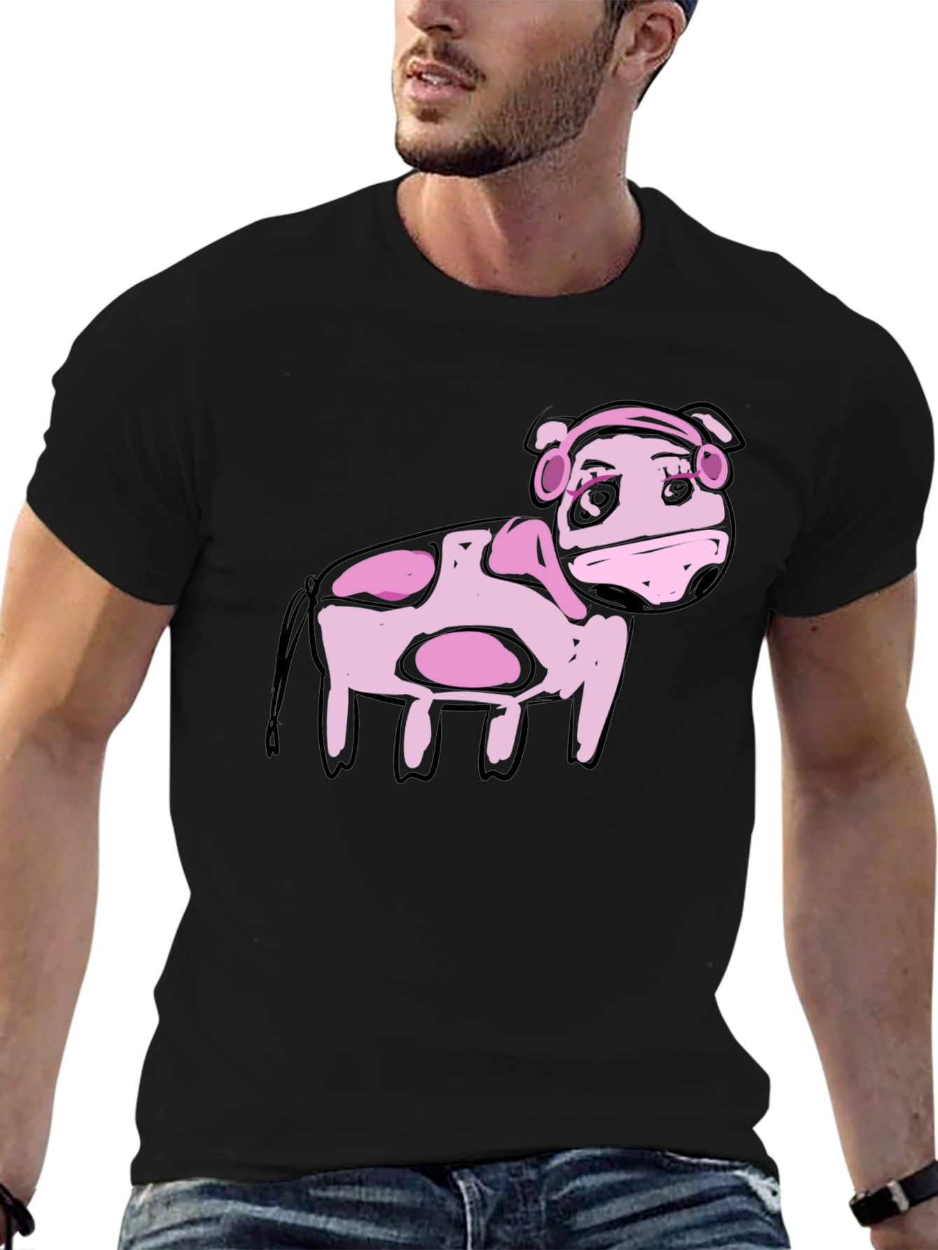 Black Cartoon Pink Cow Black T-Shirt view 6