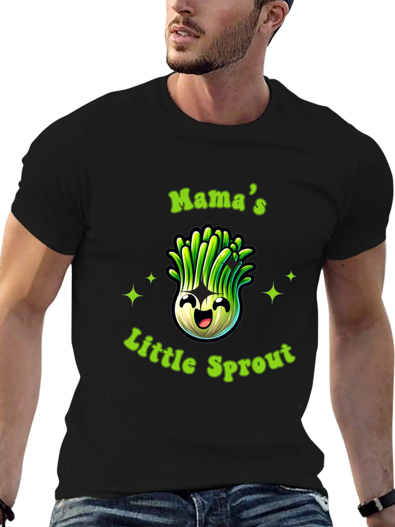 Black Mama's Little Sprout Black T-Shirt - Cute Onion Cartoon view 6
