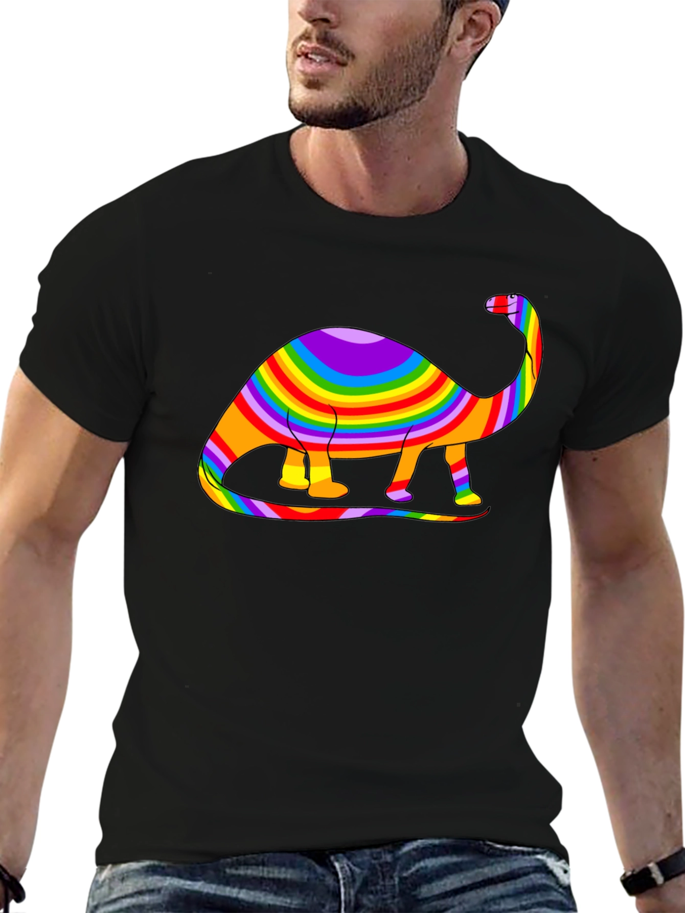 Black Rainbow Dinosaur Graphic Tee - Black Cotton Blend view 6