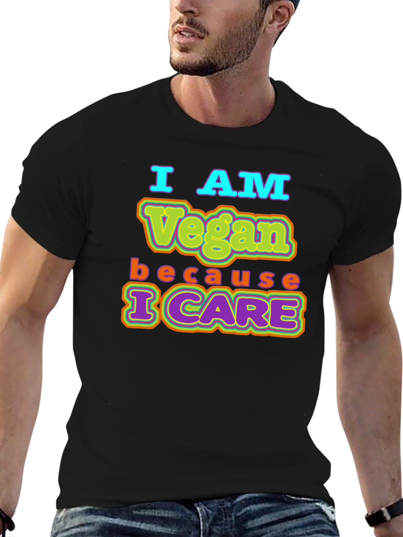 Black I AM Vegan Because I CARE Black T-Shirt view 6