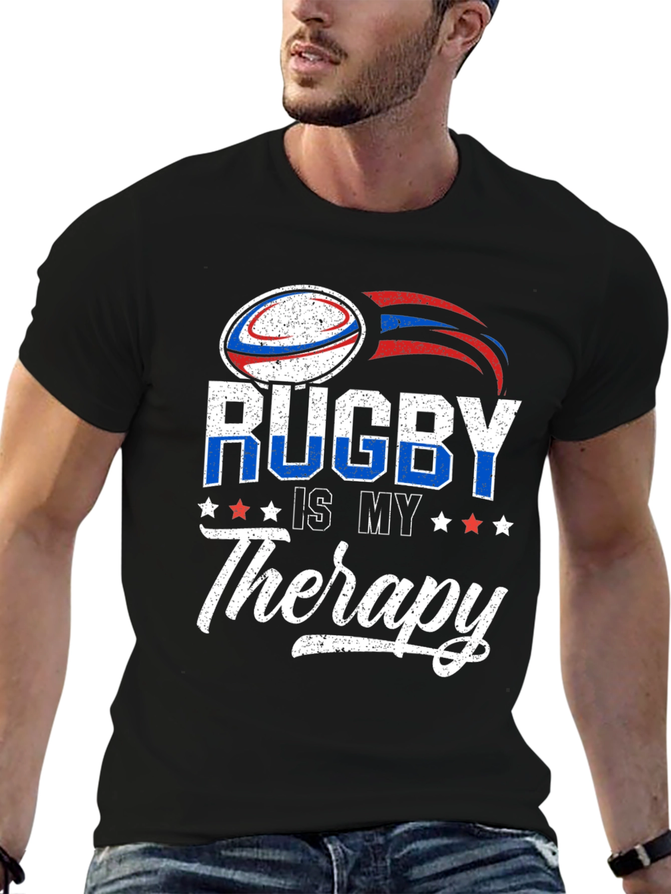 Black Rugby Is My Therapy Graphic T-Shirt view 6