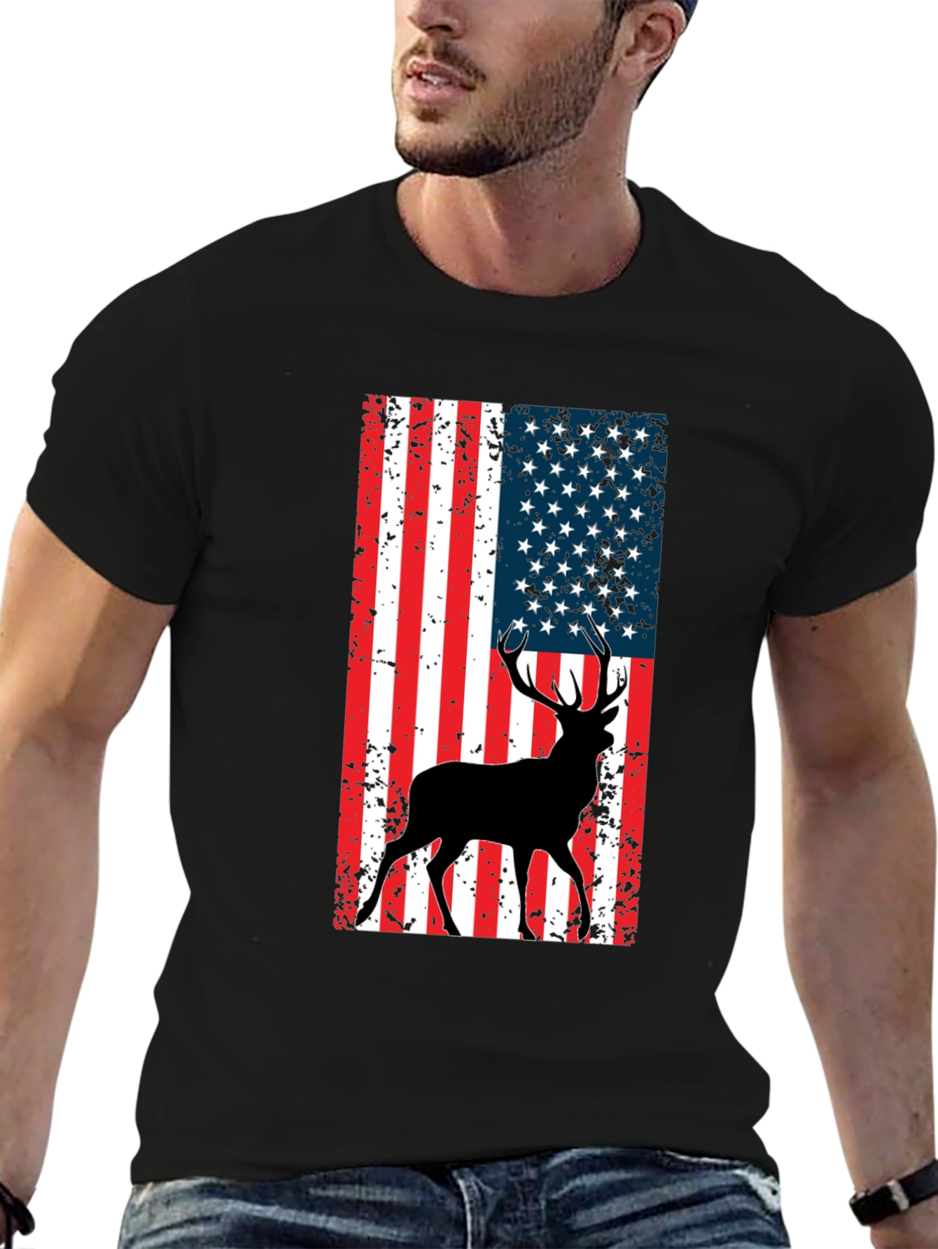 Black American Flag Deer Graphic Tee - Black view 6