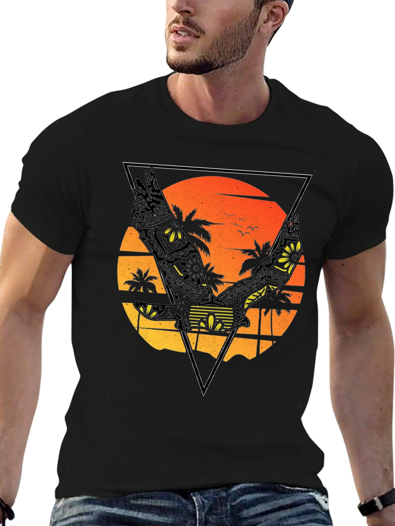 Black Sunset Beach Eagle Graphic T-Shirt view 6