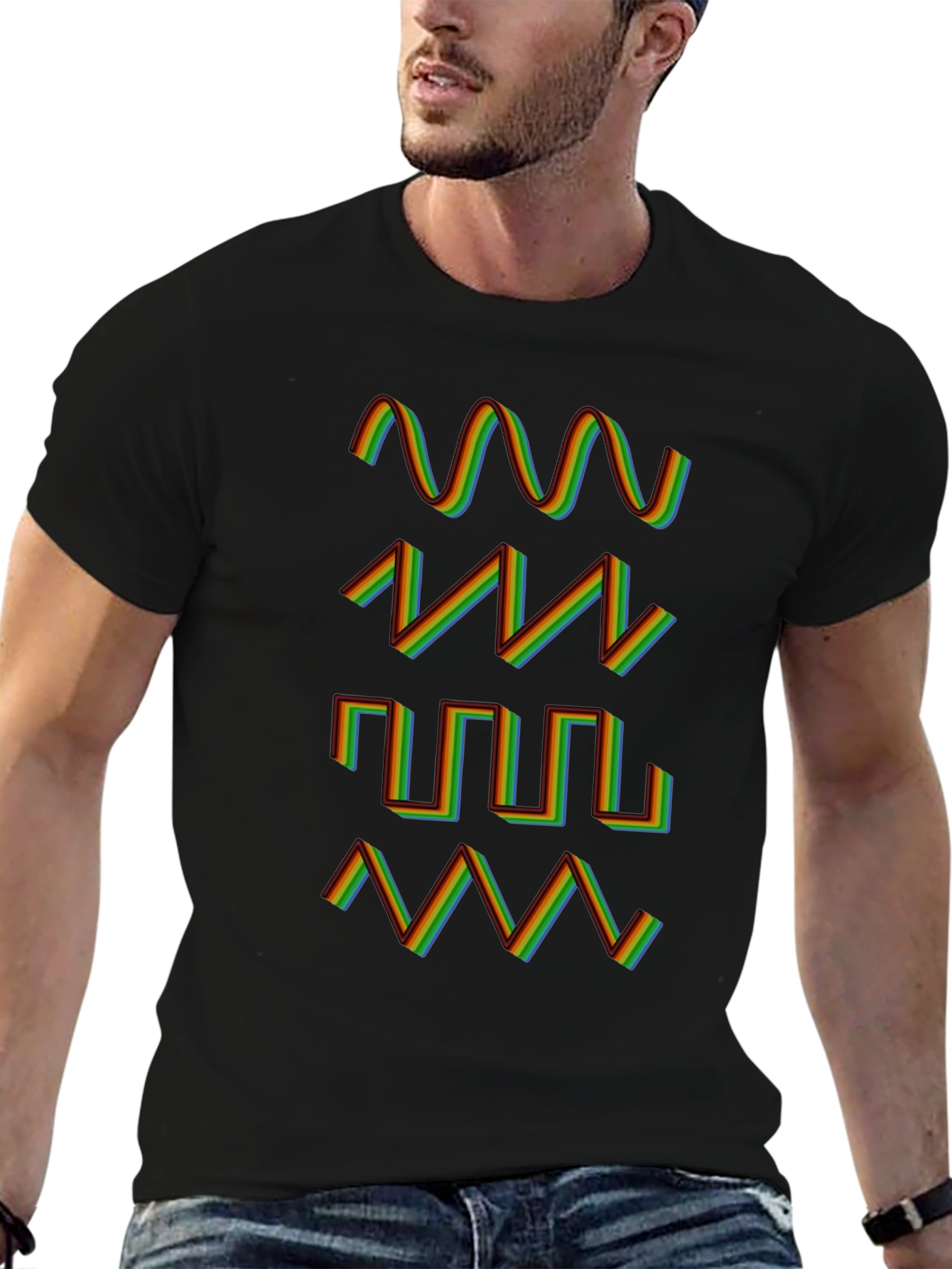 Black Rainbow Waveform Pattern Black T-Shirt view 6