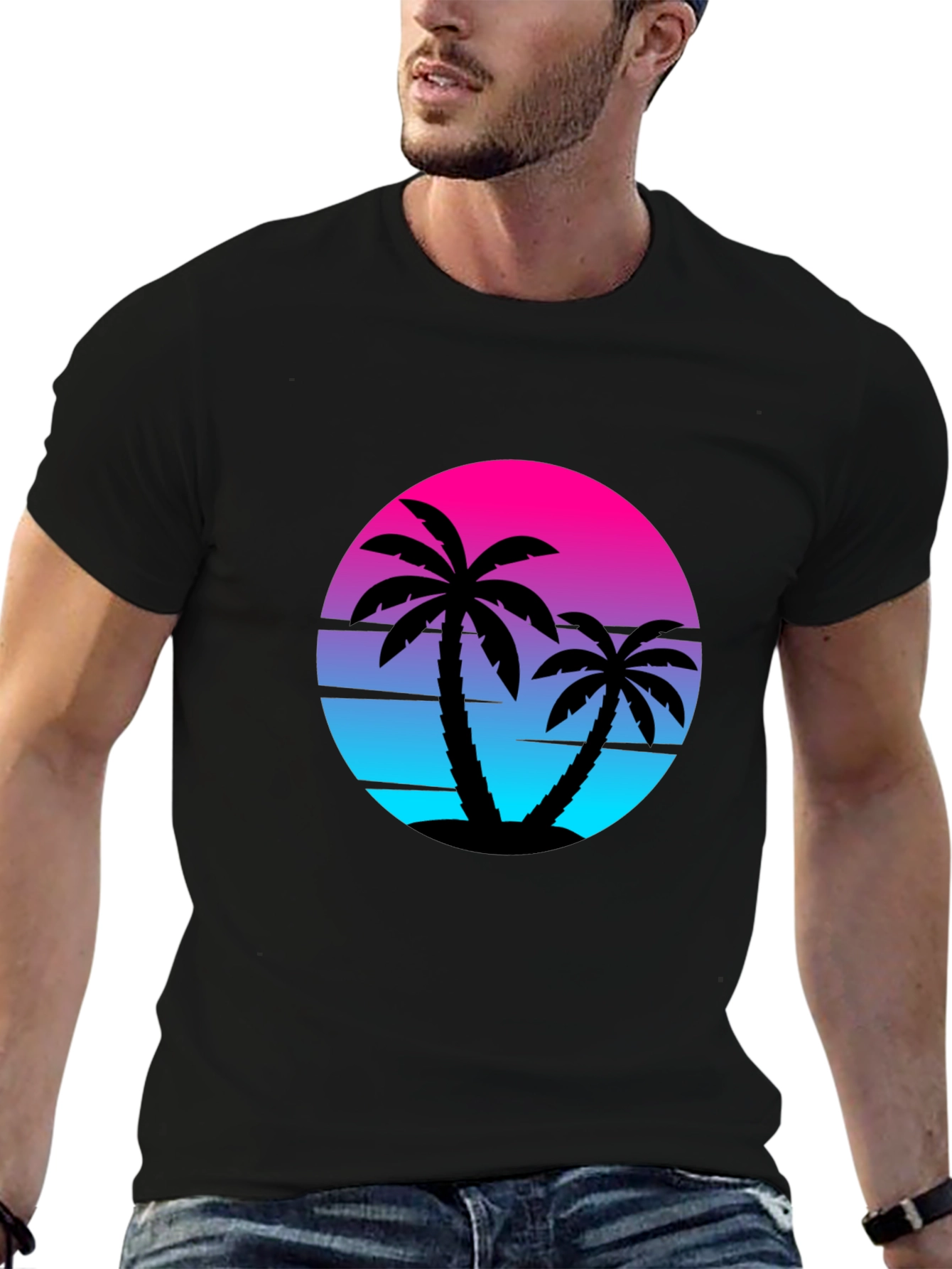 Black Retro Sunset Palm Tree Graphic Tee - Black view 6