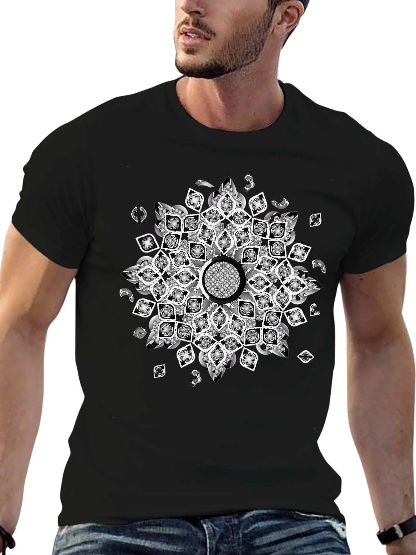 Black Black Tee with Mandala Design view 6