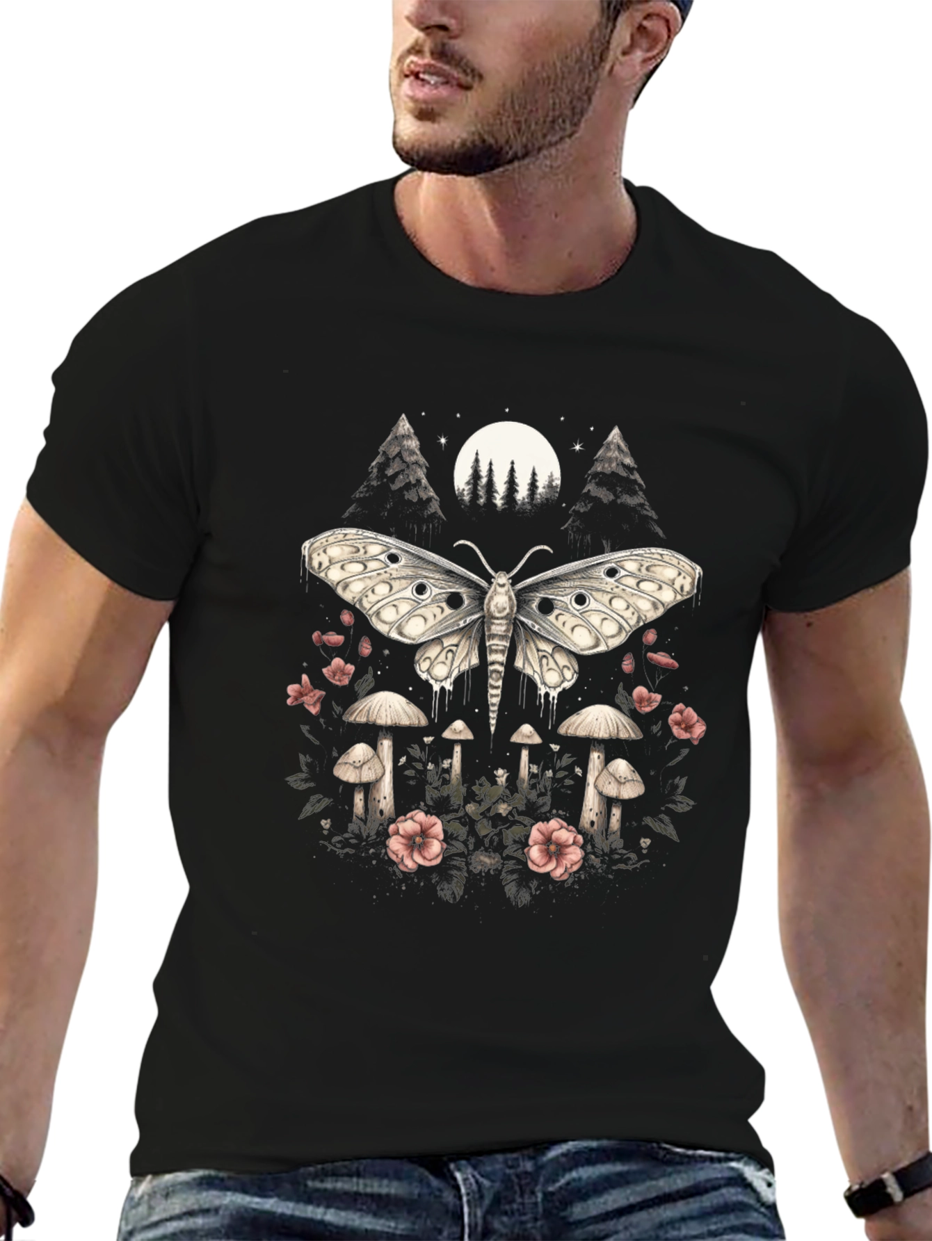 Black Moth & Mushroom Graphic Tee - Black view 6