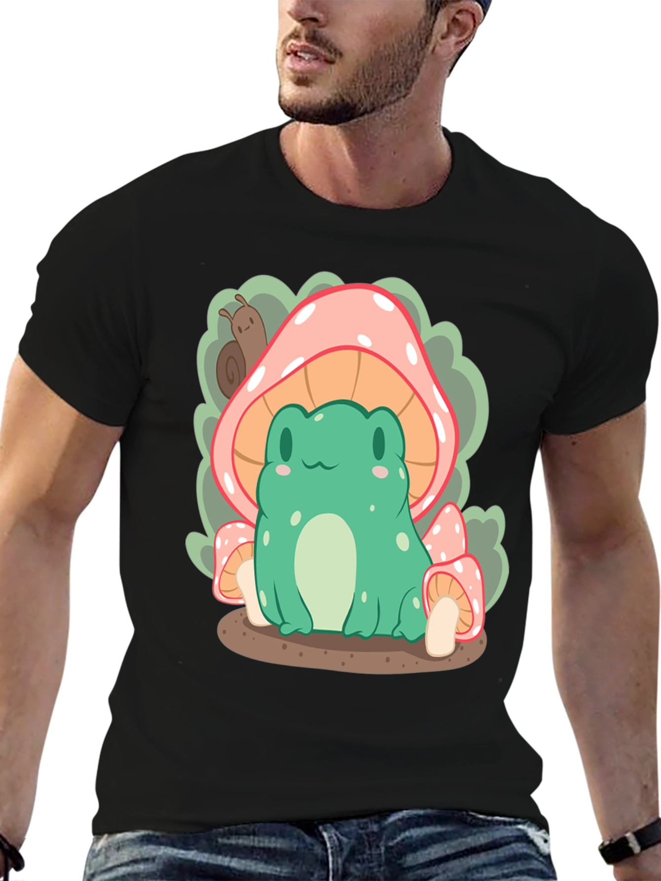Black Cute Frog Under Mushroom T-Shirt view 6