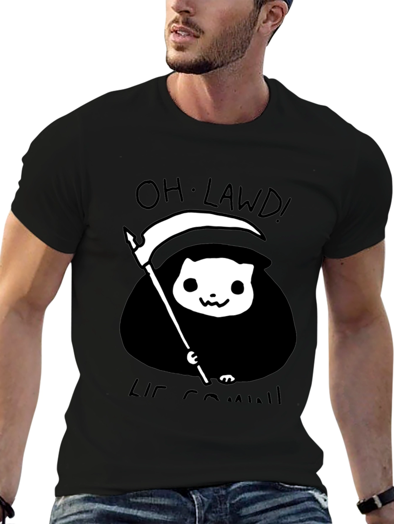 Black Grim Reaper Cat T-Shirt - Oh Lawd He Comin' Tee view 6