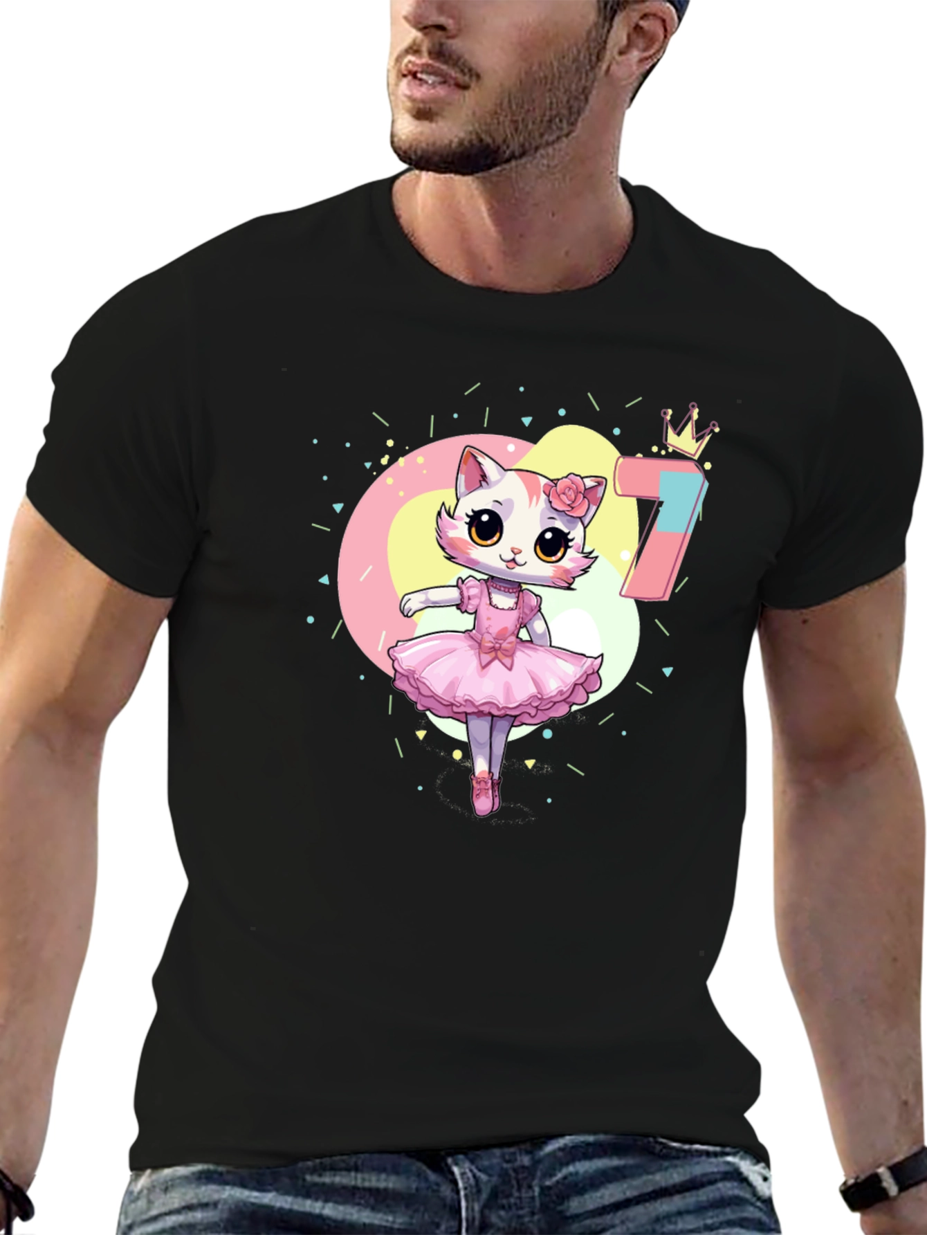 Black Cute Ballerina Cat 7th Birthday Black T-Shirt view 6