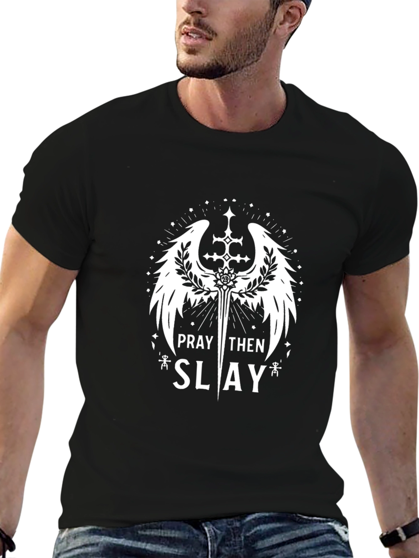 Black Pray Then Slay Graphic Tee - Men's Black Shirt view 6