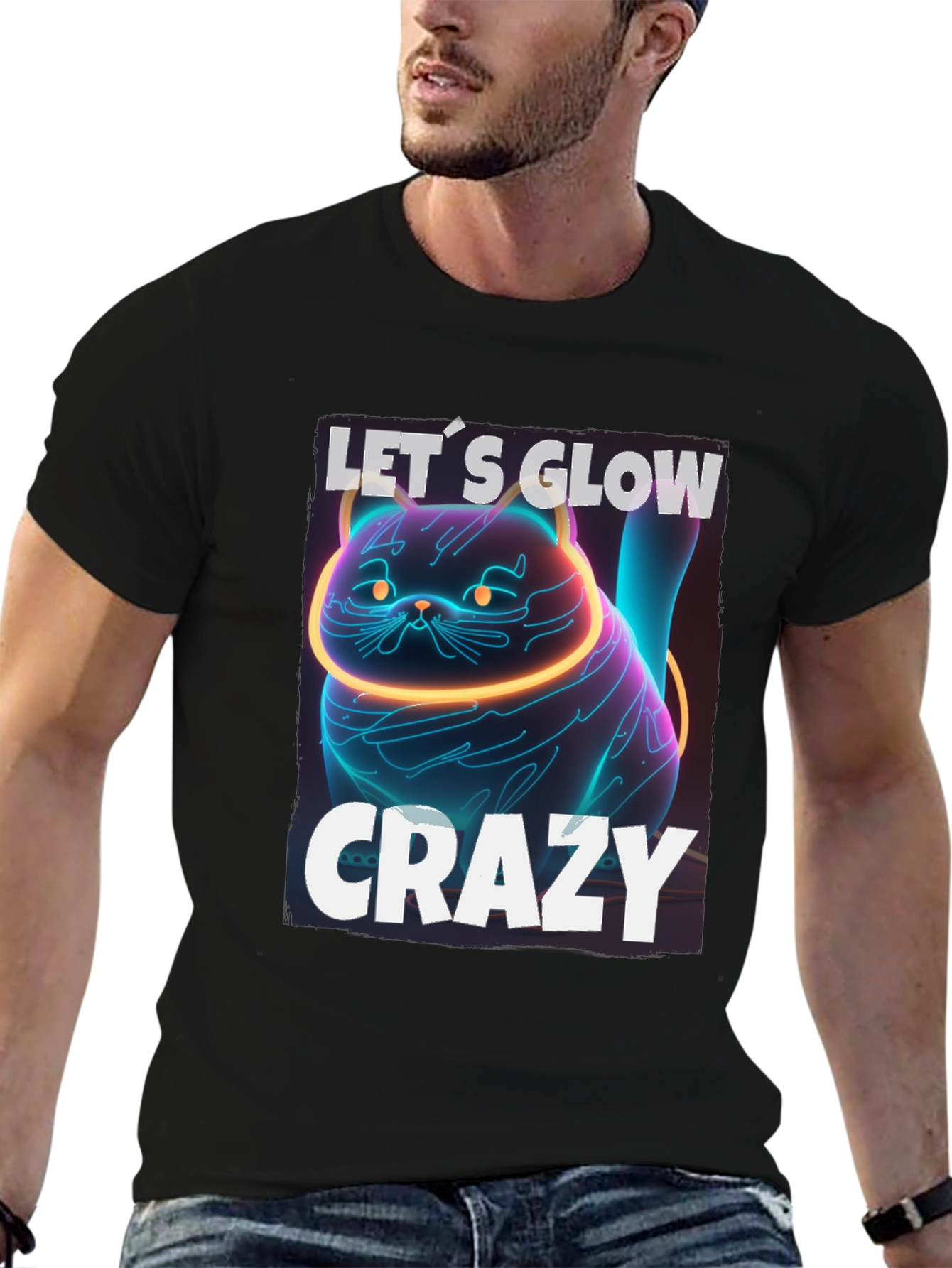 Black Let's Glow Crazy Cat Graphic T-Shirt - Neon Style view 6