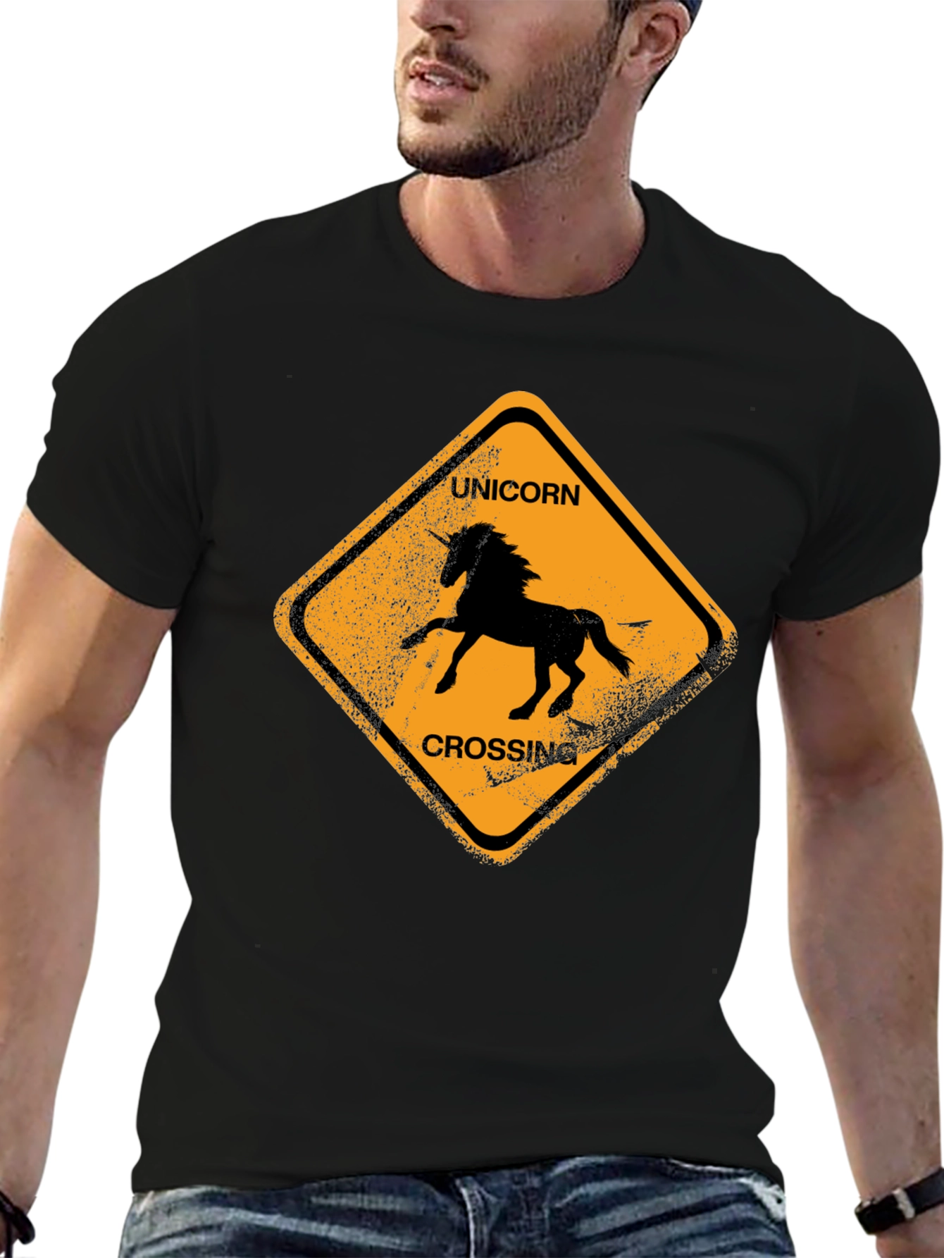 Black Unicorn Crossing Black Cotton T-Shirt view 6