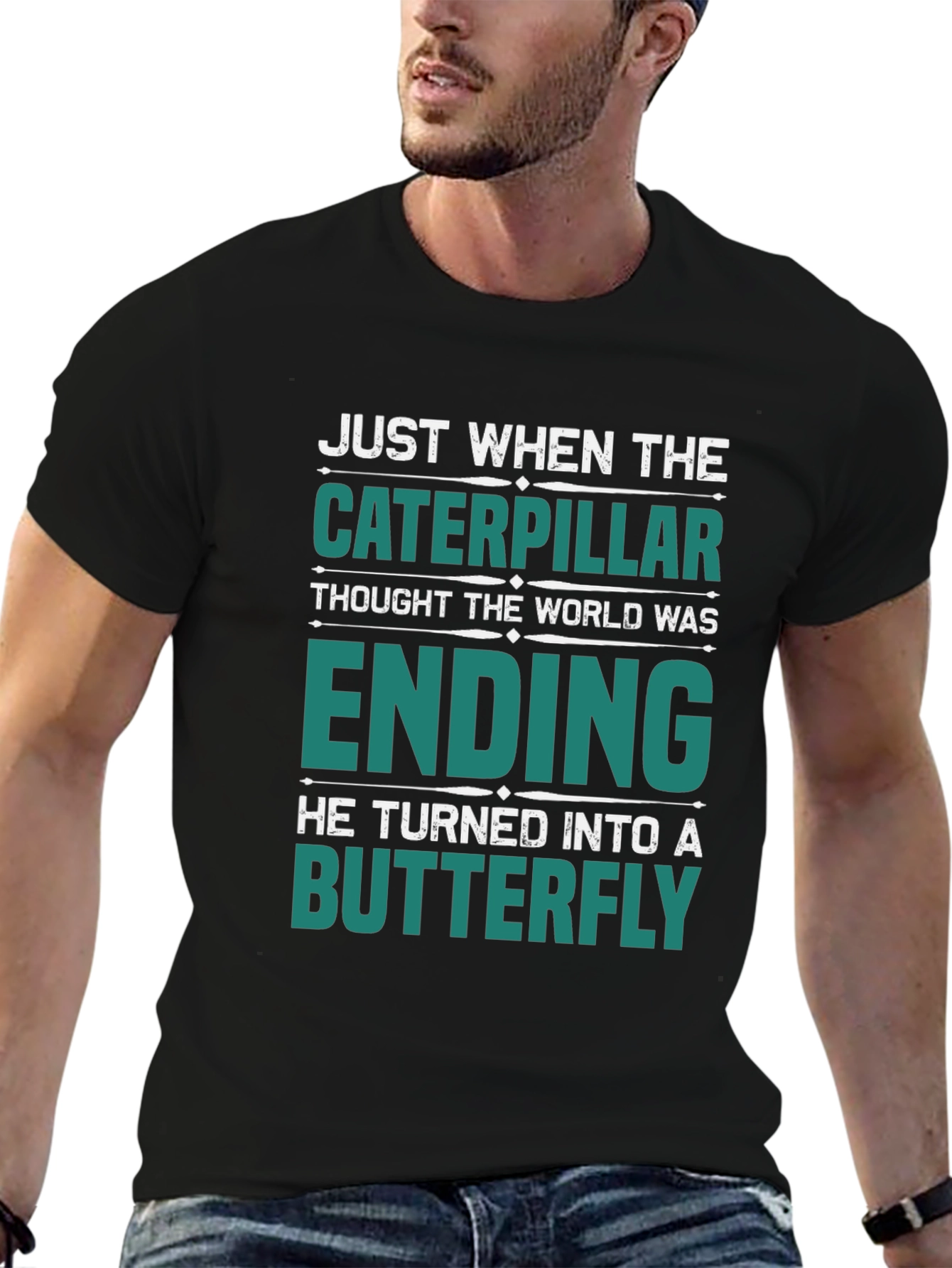 Black Caterpillar Turns Into Butterfly Graphic T-Shirt view 6