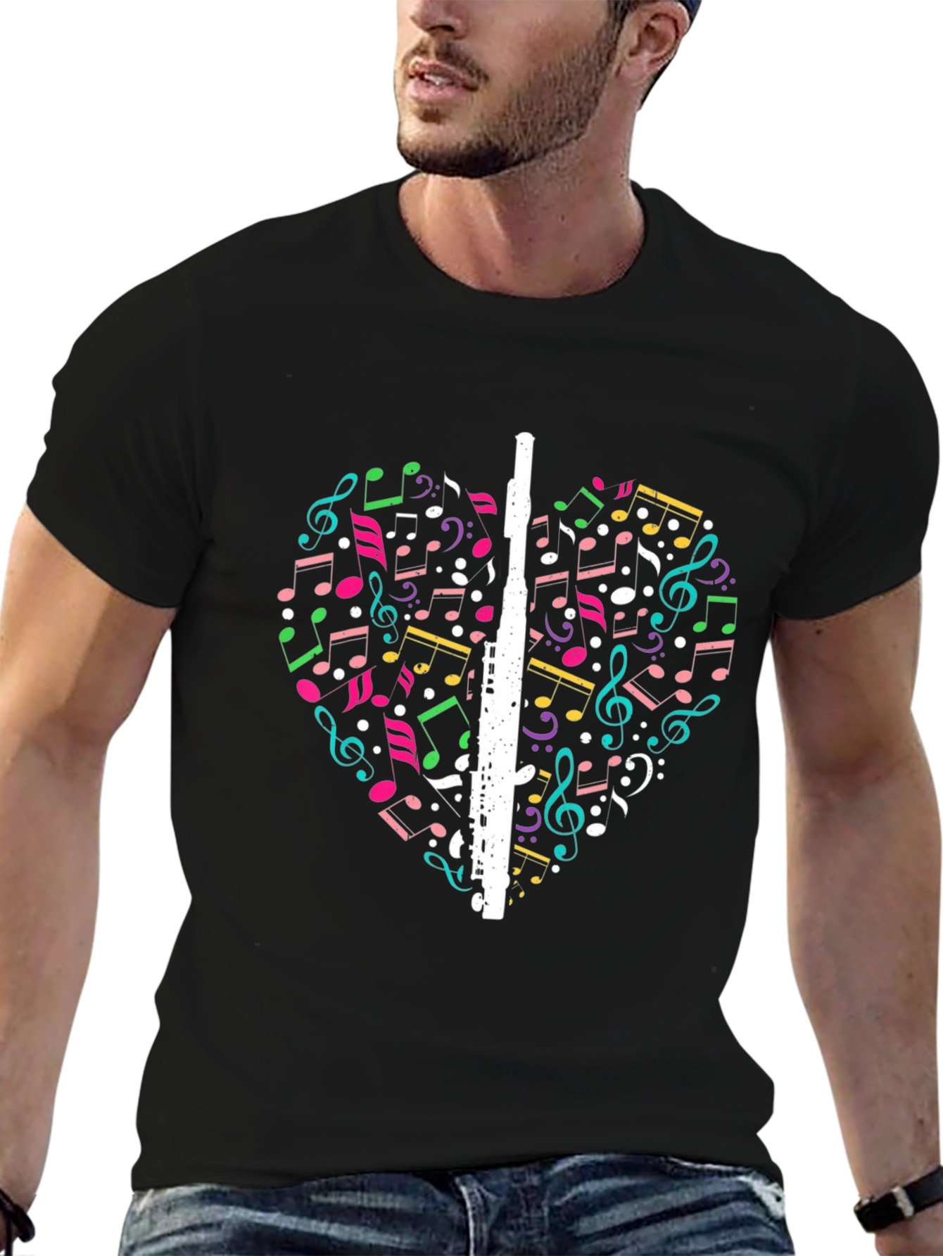 Black Musical Heart T-Shirt - Flute & Notes Design view 6