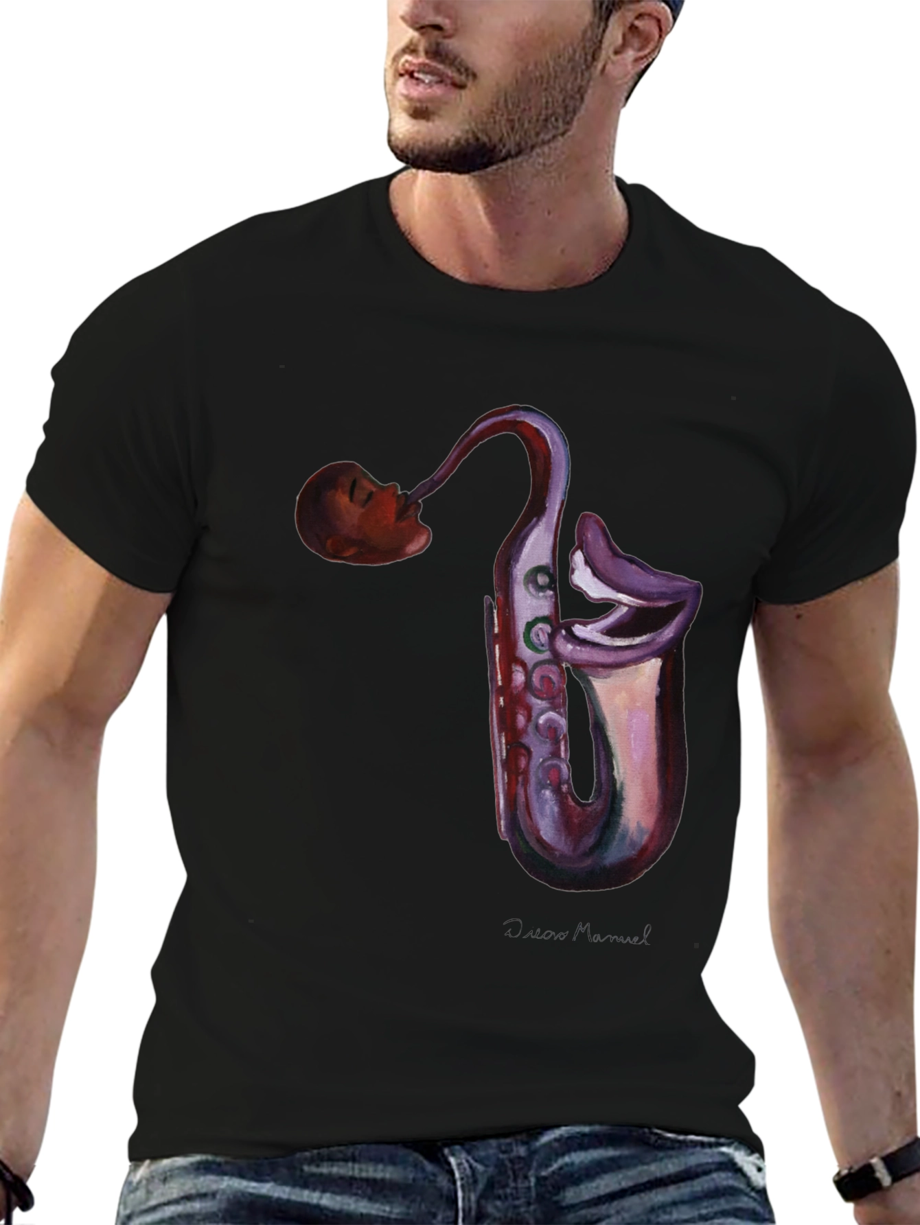 Black Saxophone Head T-Shirt - Unique Music Lover Tee view 6
