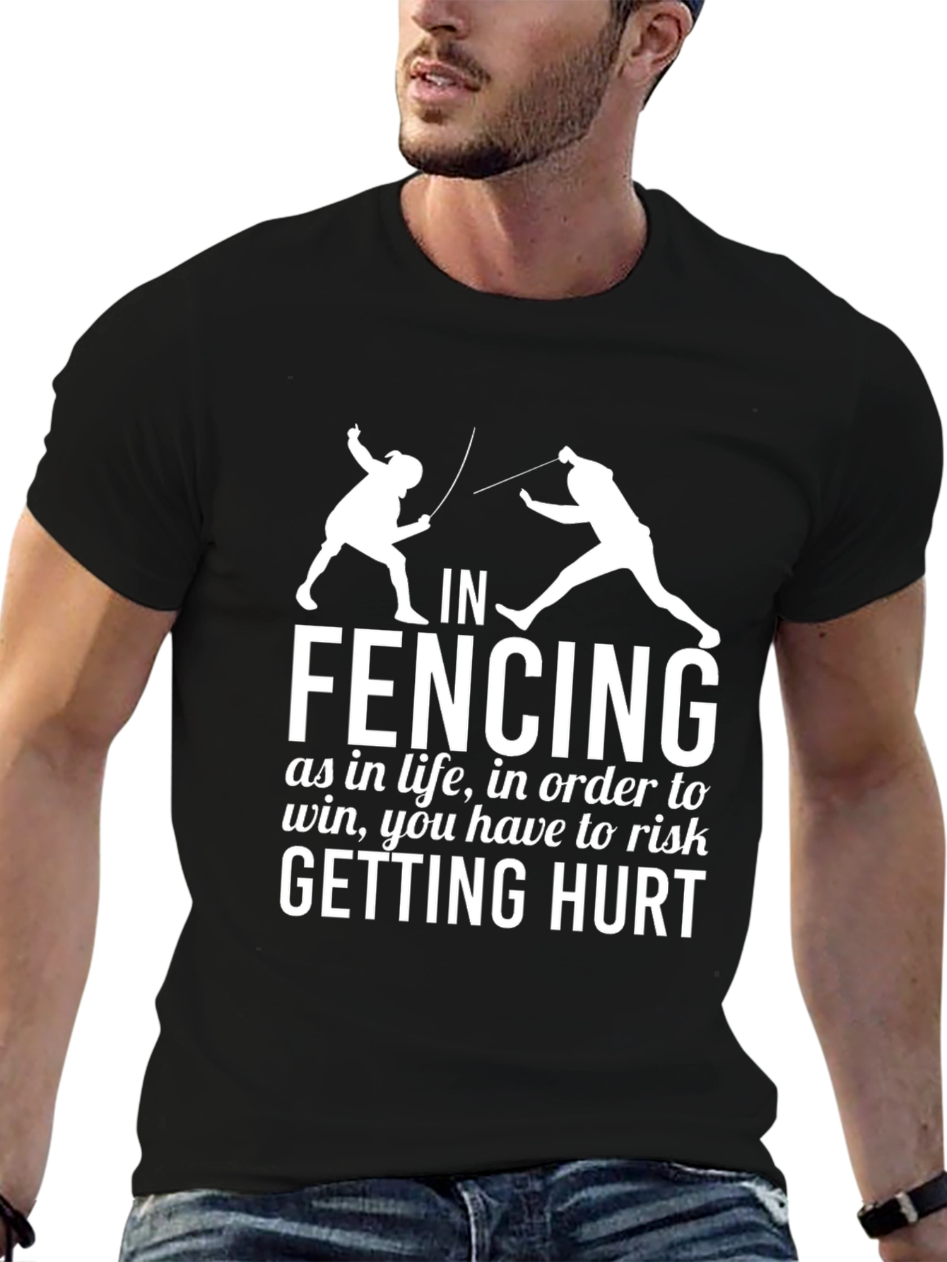 Black Fencing T-Shirt Risk Getting Hurt Graphic Tee view 6