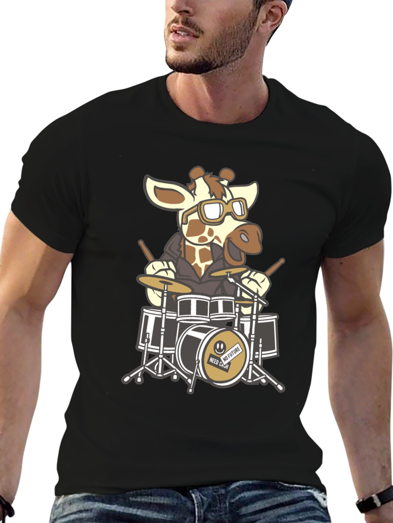 Black Giraffe Drummer Graphic Tee - Black Cotton T-Shirt view 6