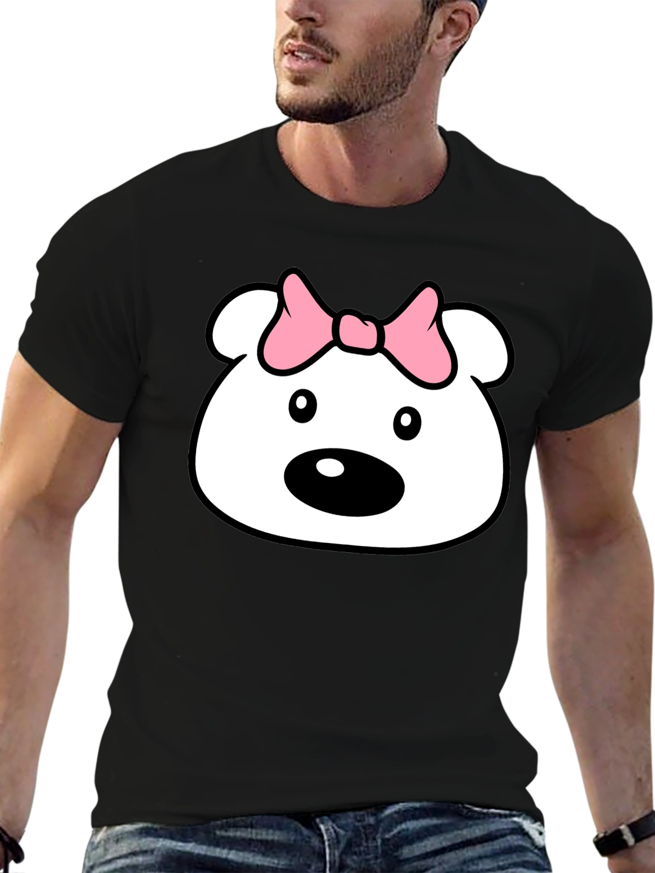 Black Cute Cartoon Bear T-Shirt - Black Cotton Tee view 6