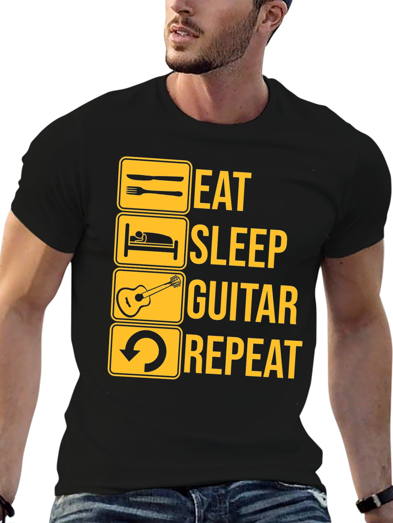 Black Eat Sleep Guitar Repeat Graphic Tee - Musician T-Shirt view 6