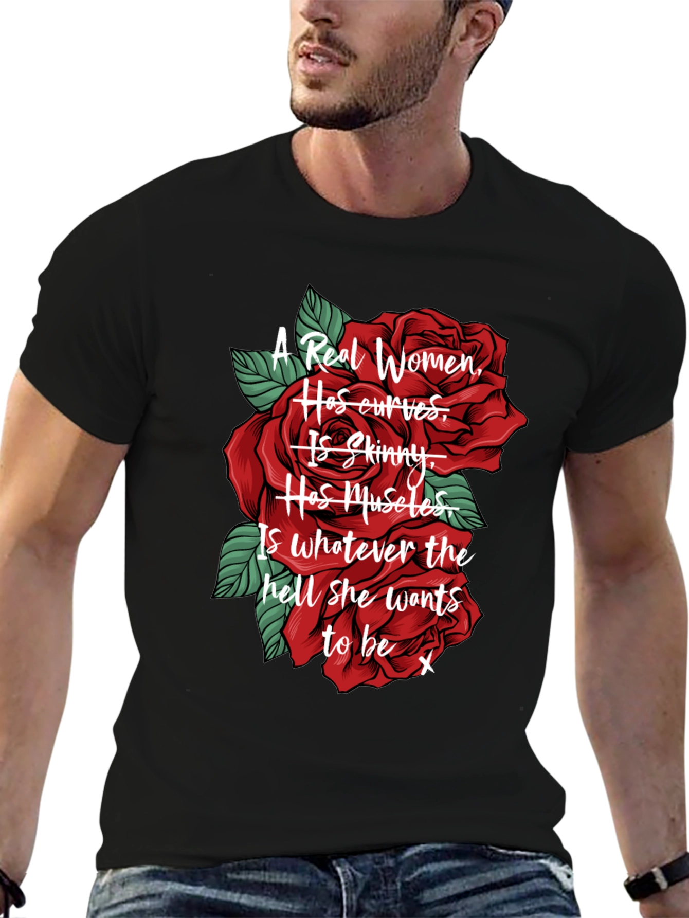 Black A Real Women T-Shirt - Red Roses Design view 6